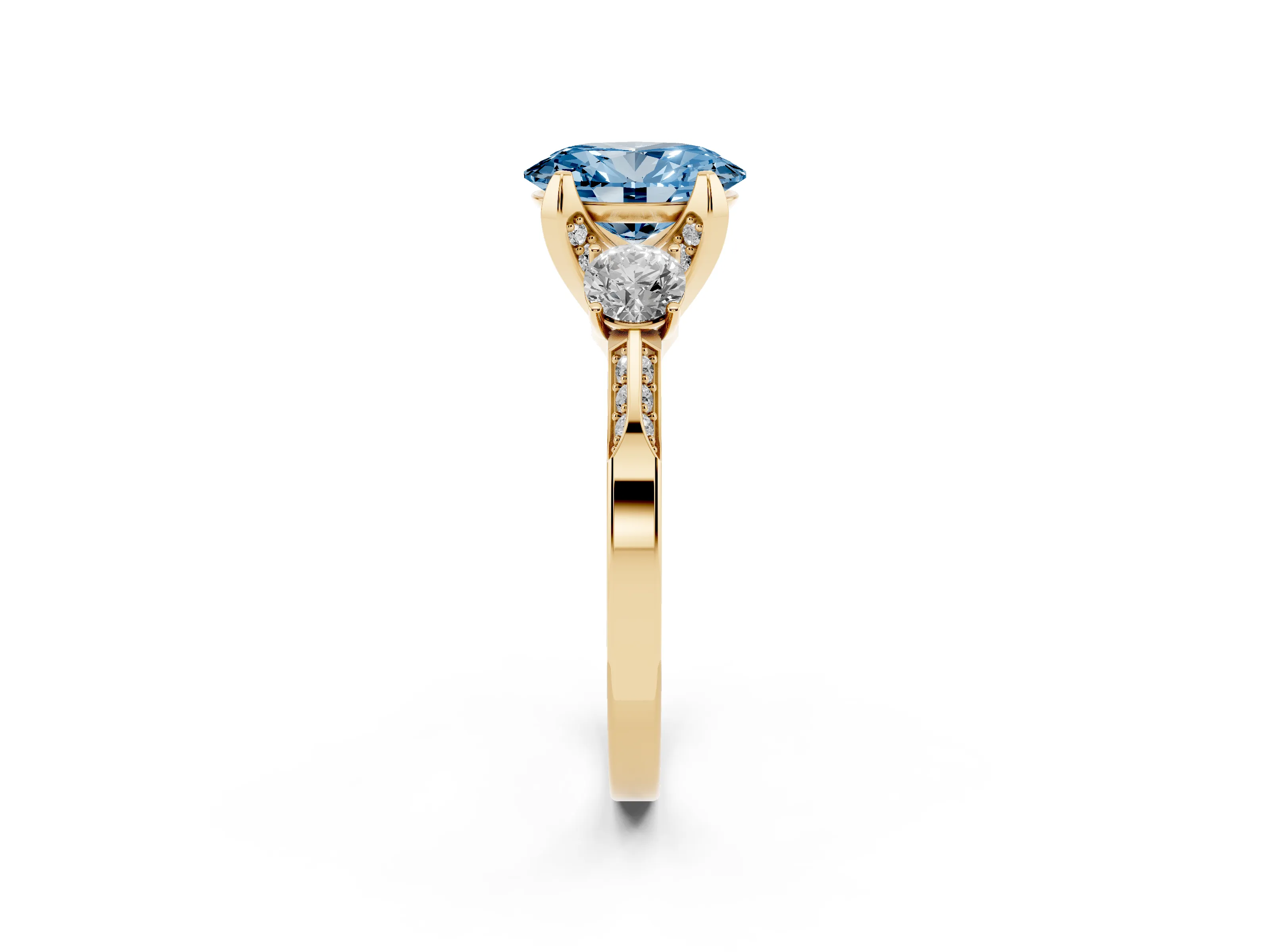 Fancy Blue Oval Cut Diamond Three-Stone Ring Set in Yellow gold with Pavé Band and Smaller Side Stones
