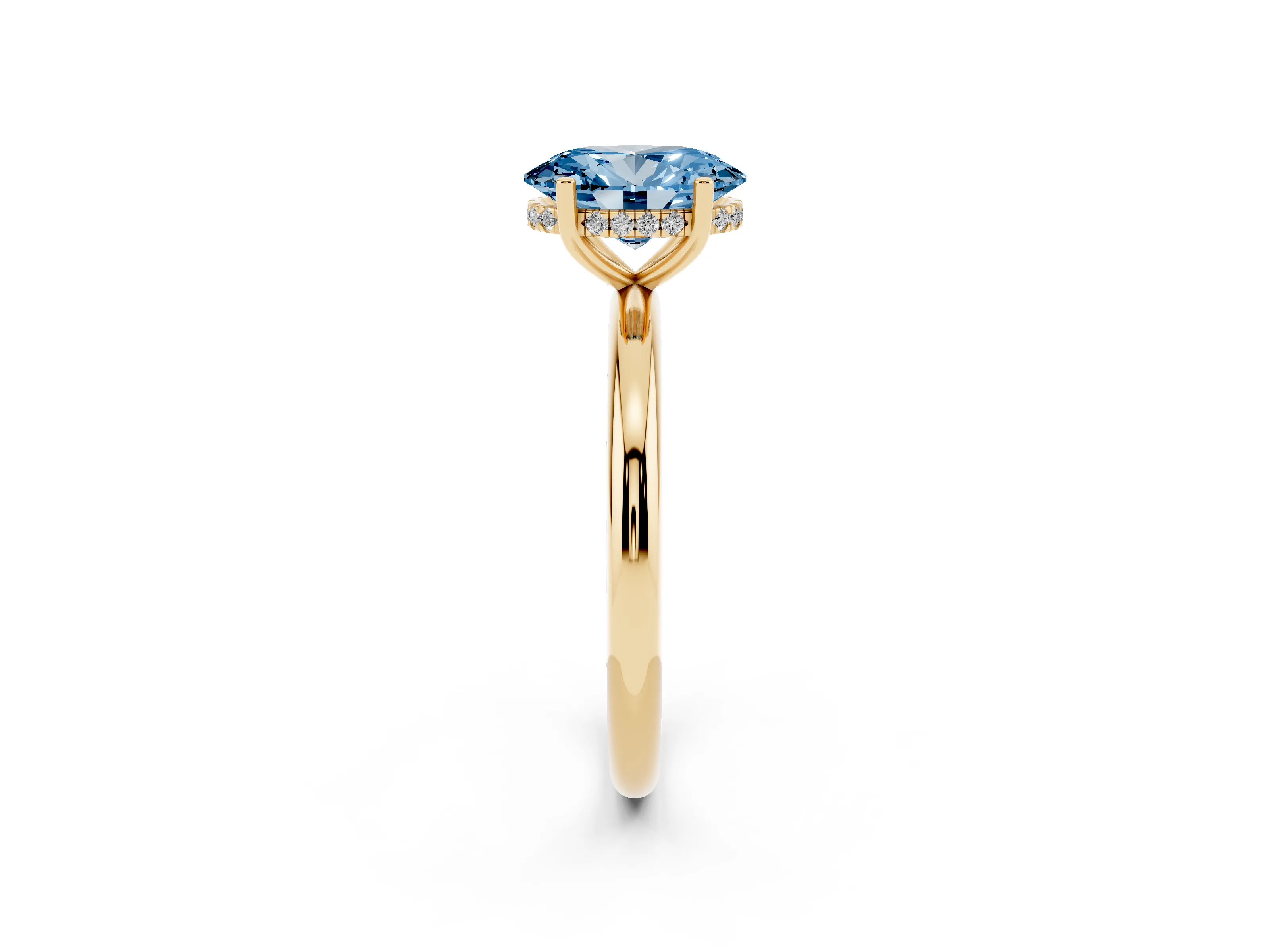 Fancy Blue Oval Cut Diamond Solitaire Engagement Ring Set in Yellow gold with Prong Setting and Polished Band