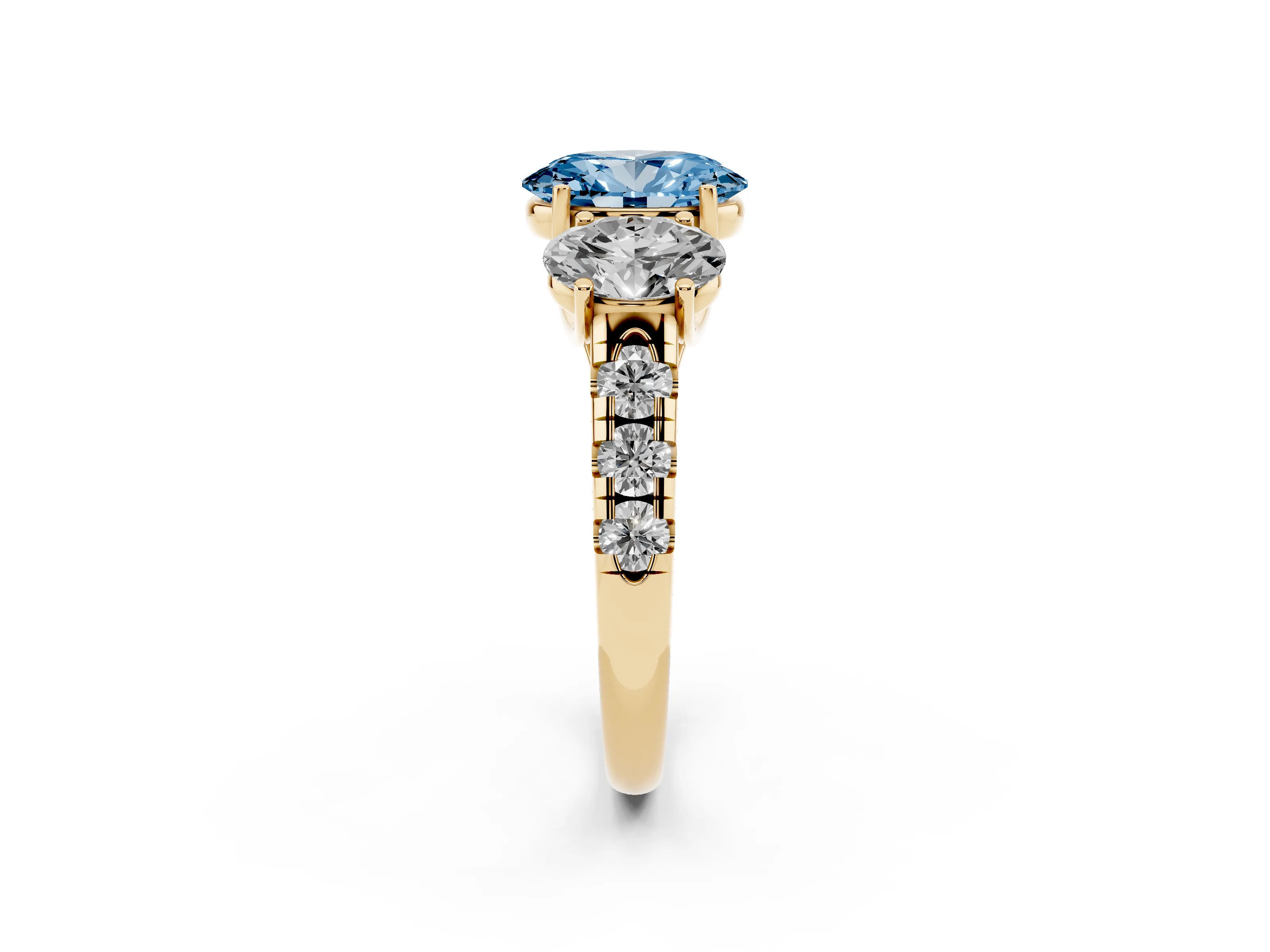 Fancy Blue Oval Cut Diamond Three-Stone Ring Set in Yellow gold with Pavé Band
