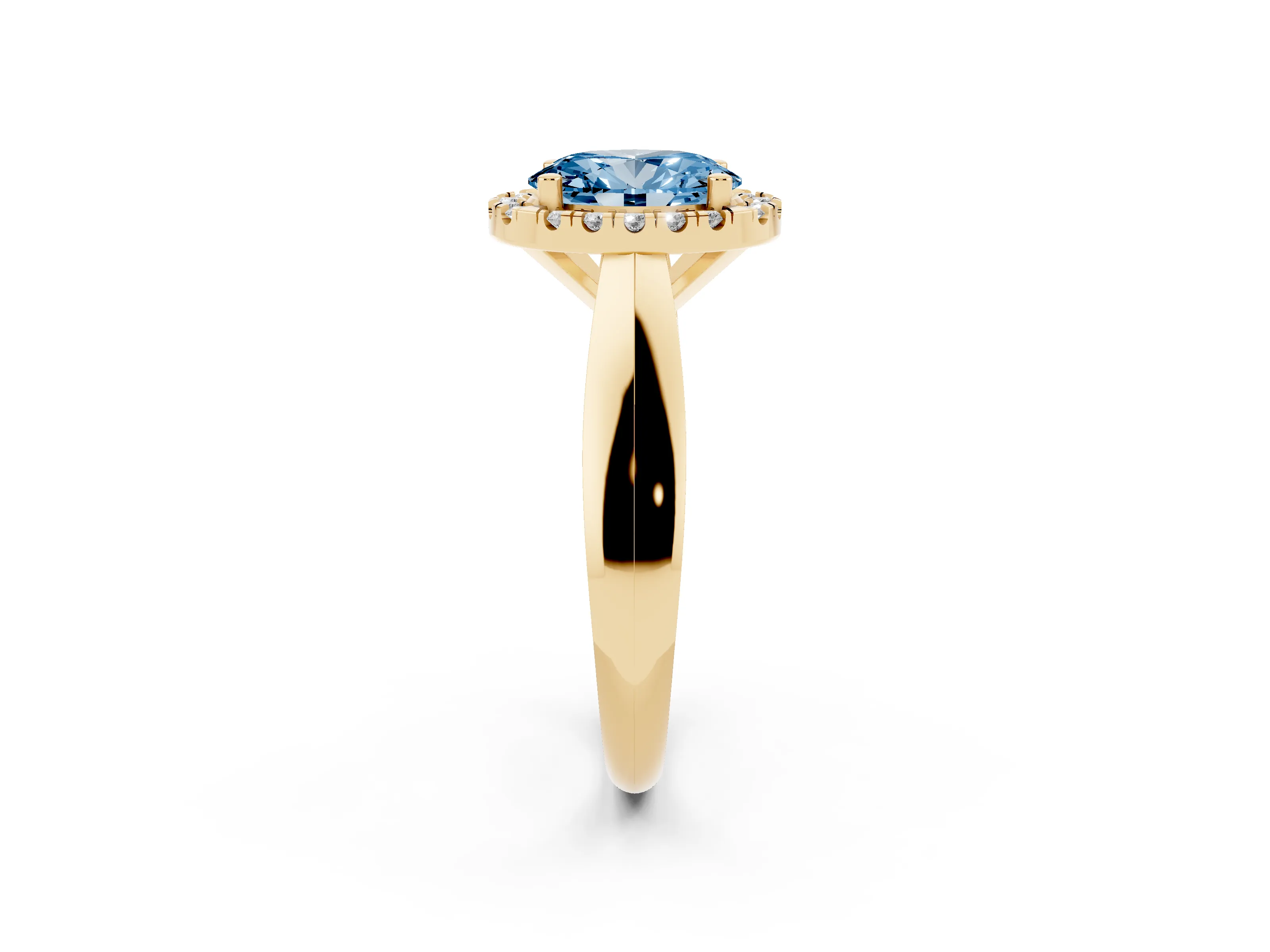 Fancy Blue Oval Cut Diamond Halo Solitaire Engagement Ring Set in Yellow gold with Square Band and Prong Setting