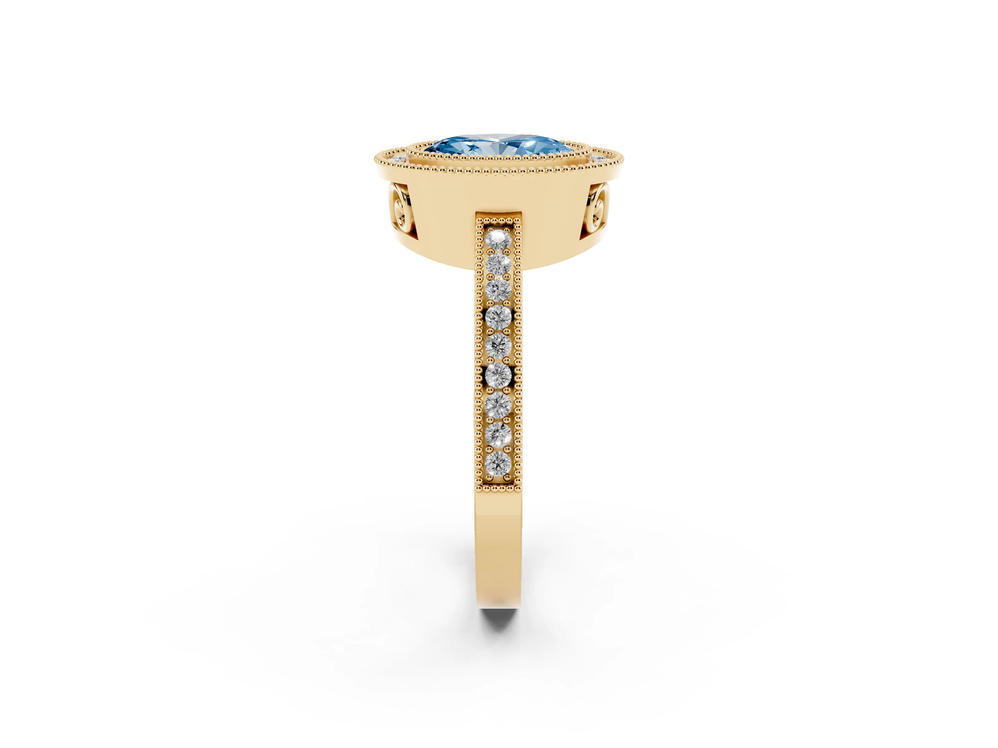 Fancy Blue Oval Cut Diamond Halo Ring Set in Yellow gold with Pavé Band and Milgrain-Edged Prongs
