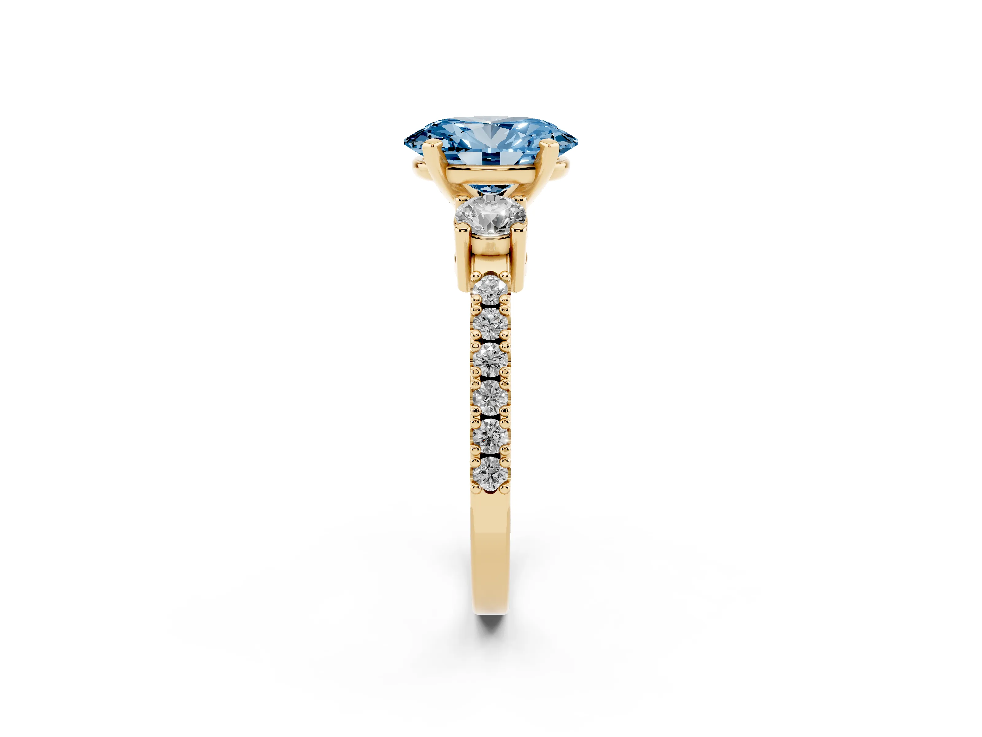 Fancy Blue Three-Stone Oval Cut Diamond Pavé Band Ring Set in Yellow gold with Prong Setting