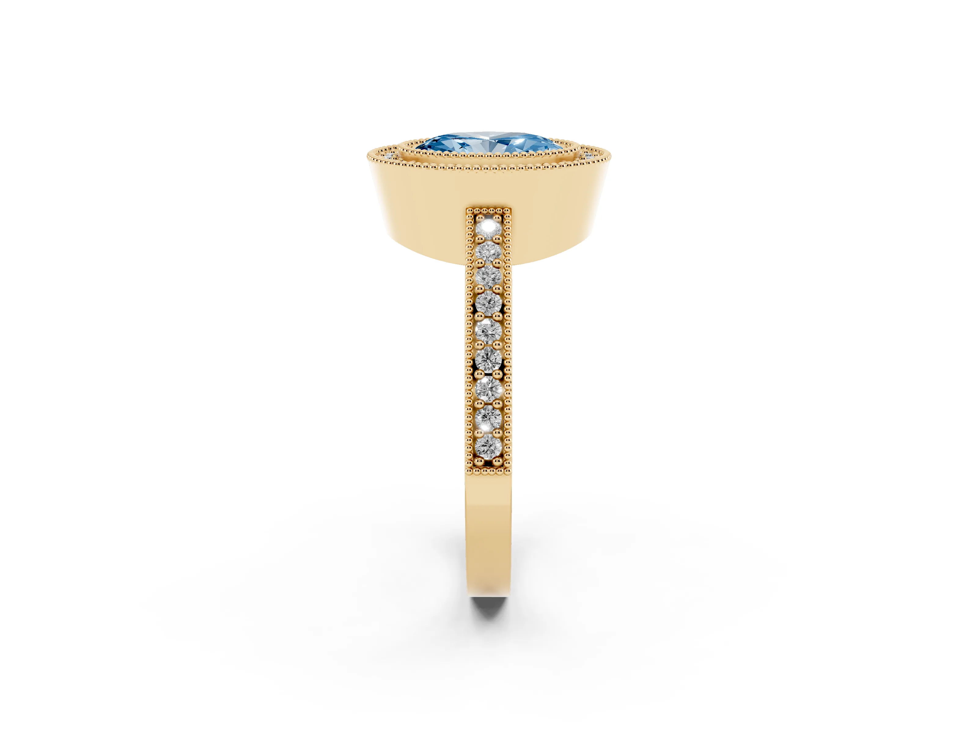 Fancy Blue Oval Cut Diamond Halo Engagement Ring Set in Yellow gold with Pavé Band and Round Halo Stones