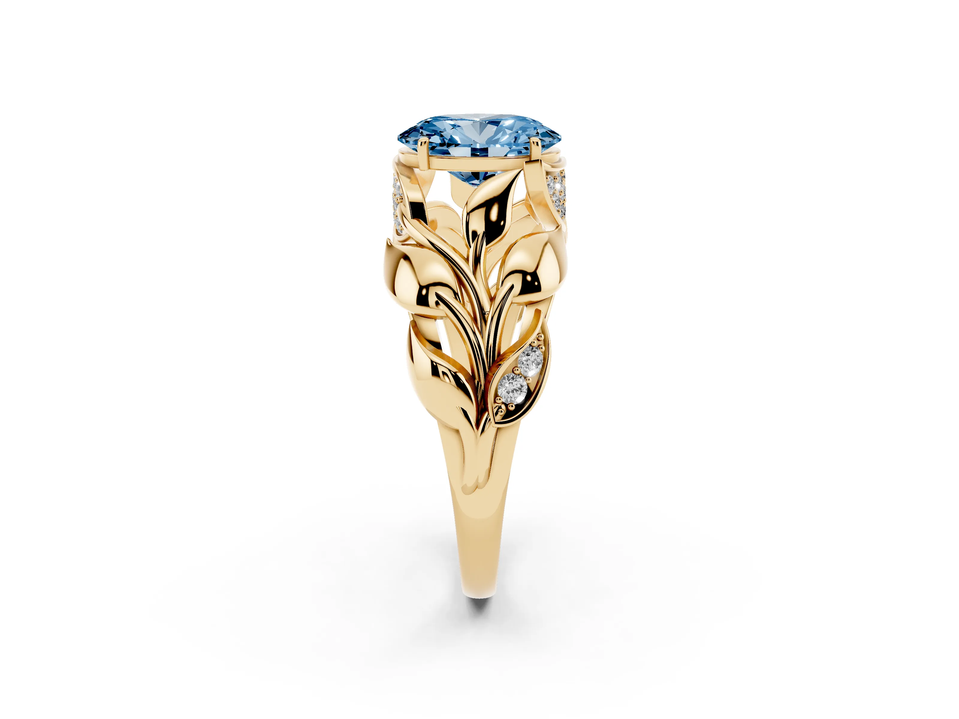 Fancy Blue Oval Cut Diamond Leaf-Inspired Engagement Ring Set in Yellow gold with Round Accents