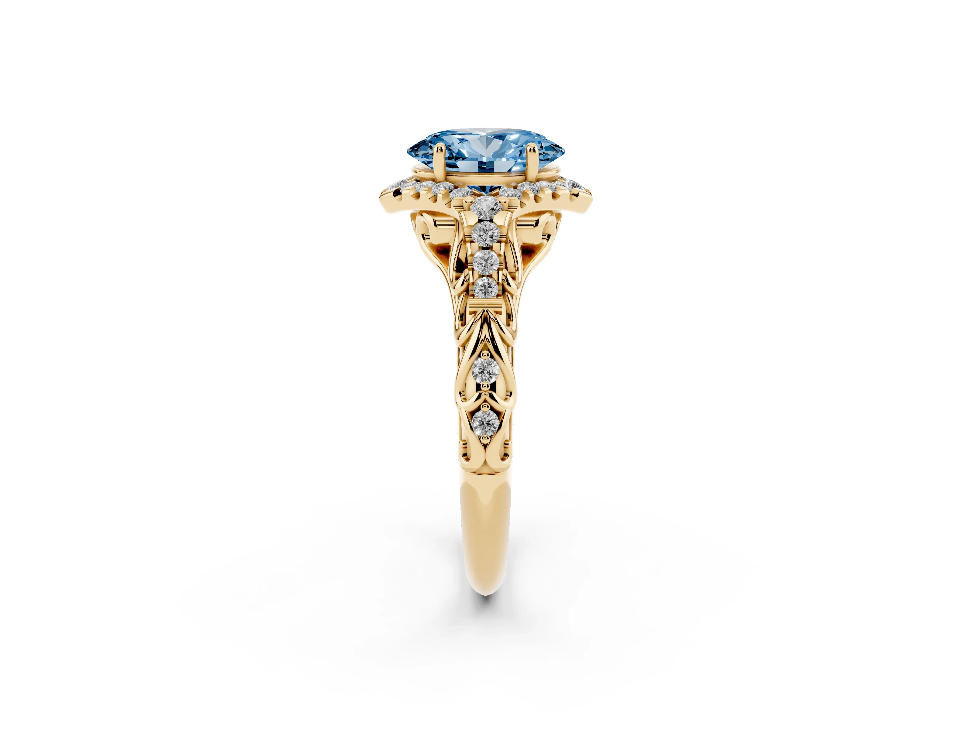 Fancy Blue Oval Cut Diamond Solitaire Ring Set in Yellow gold with Hidden Halo and Pavé Band