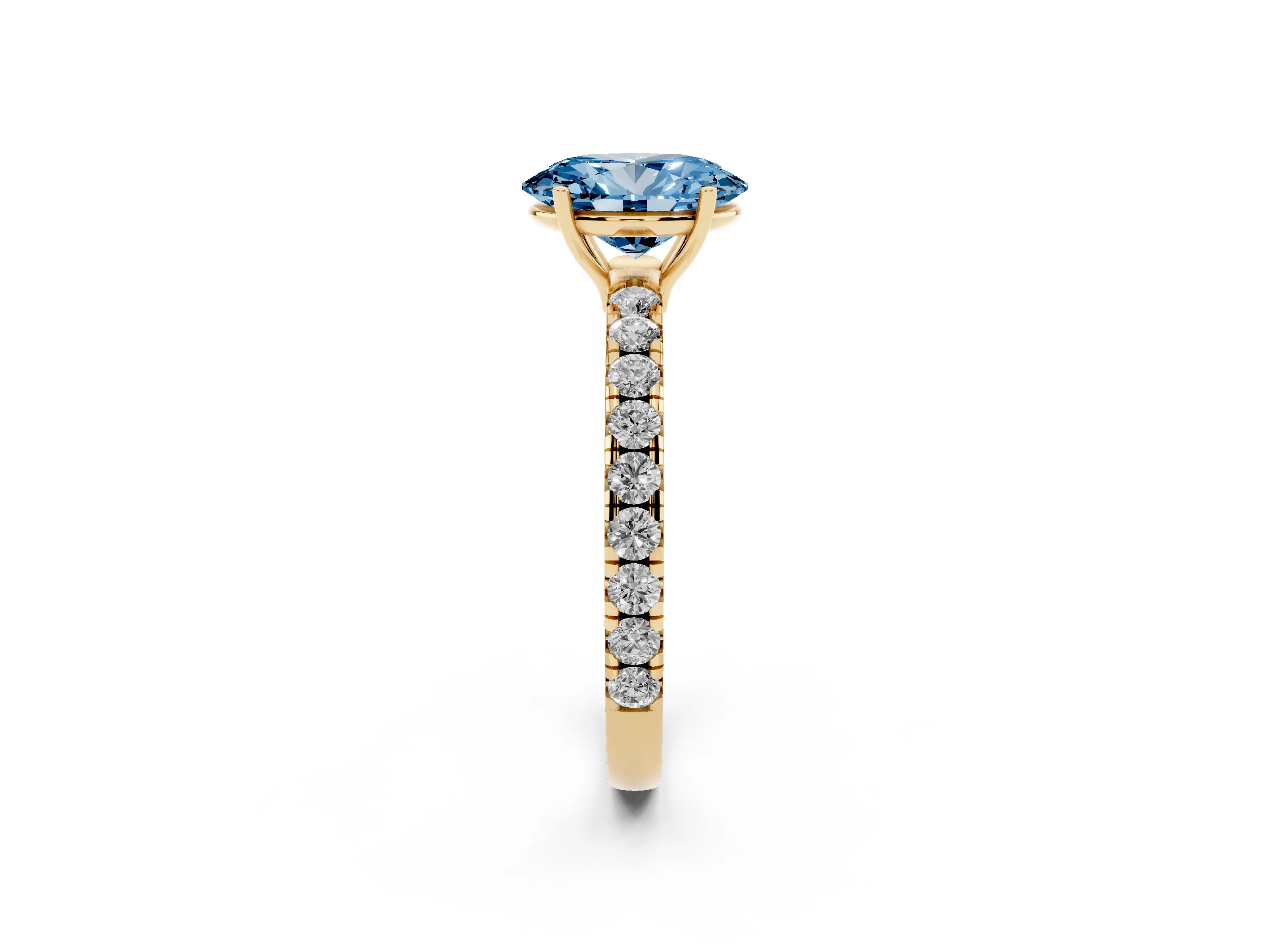 Fancy Blue Oval Cut Diamond Pavé Solitaire Engagement Ring Set in Yellow gold with Prong Setting