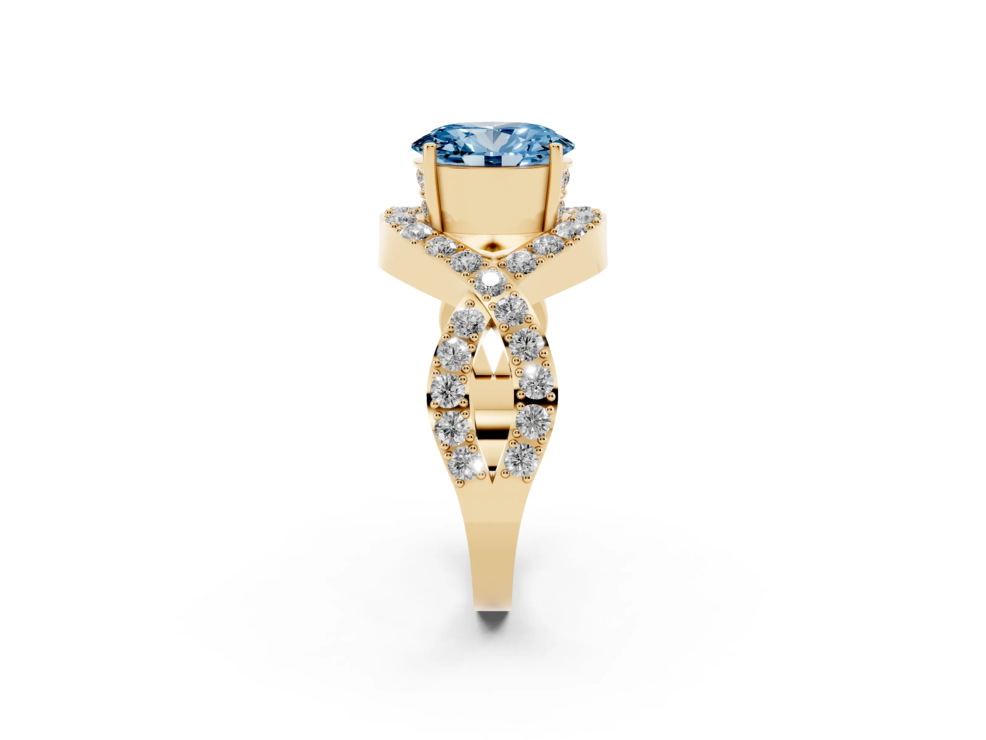 Fancy Blue Oval Cut Diamond Solitaire Twist Band Pavé Engagement Ring Set in Yellow gold