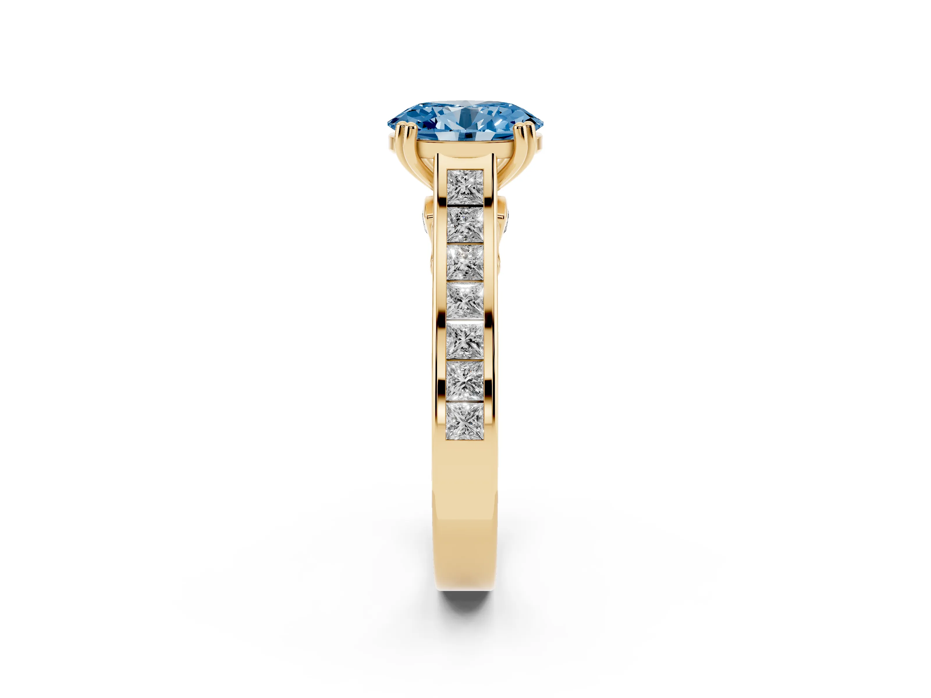 Fancy Blue Oval Cut Diamond Channel Set Solitaire Engagement Ring Set in Yellow gold with Prong Setting