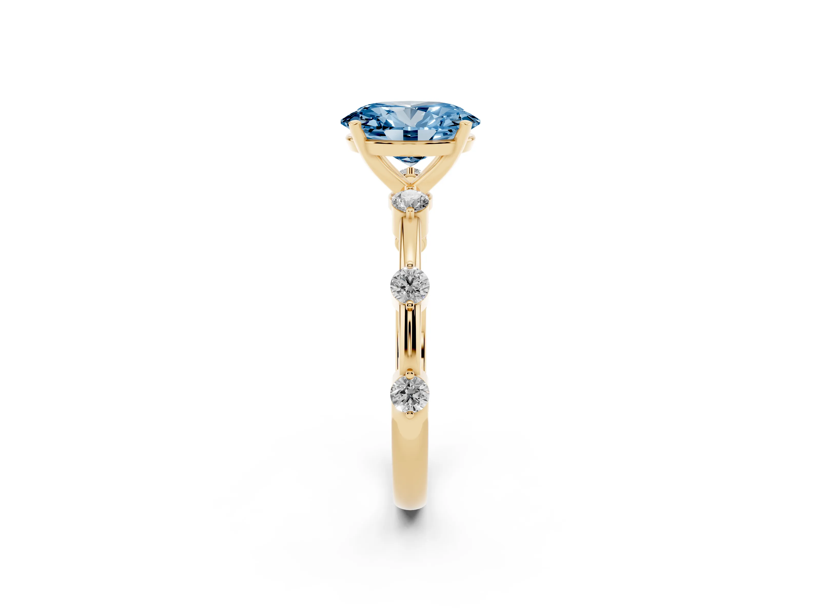 Fancy Blue Oval Cut Diamond Solitaire Ring Set in Yellow gold with Bezel Set Side Stones and Prong Setting