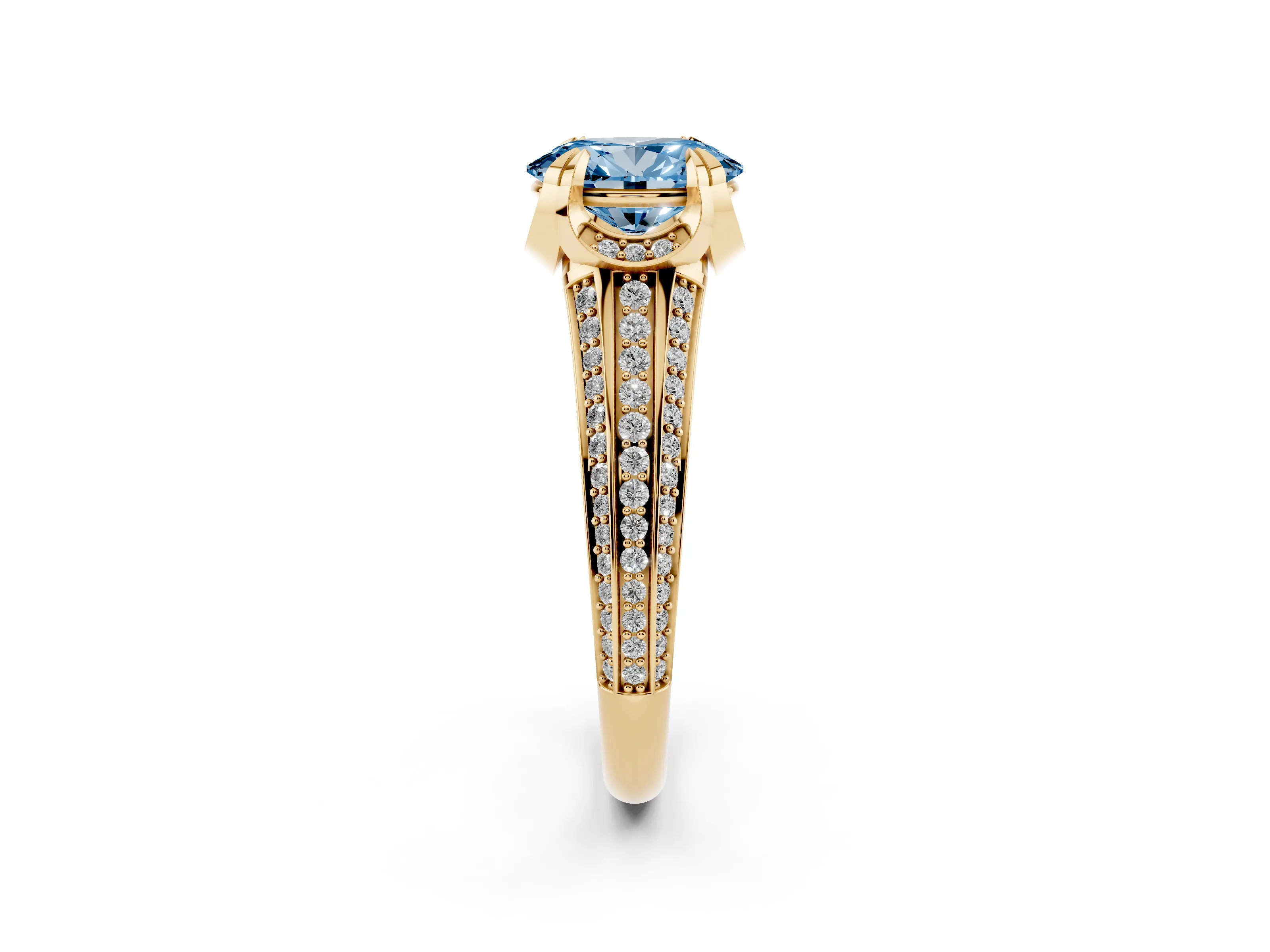 Fancy Blue Oval Cut Diamond Pavé Split Shank Solitaire Ring Set in Yellow gold with Prong Setting