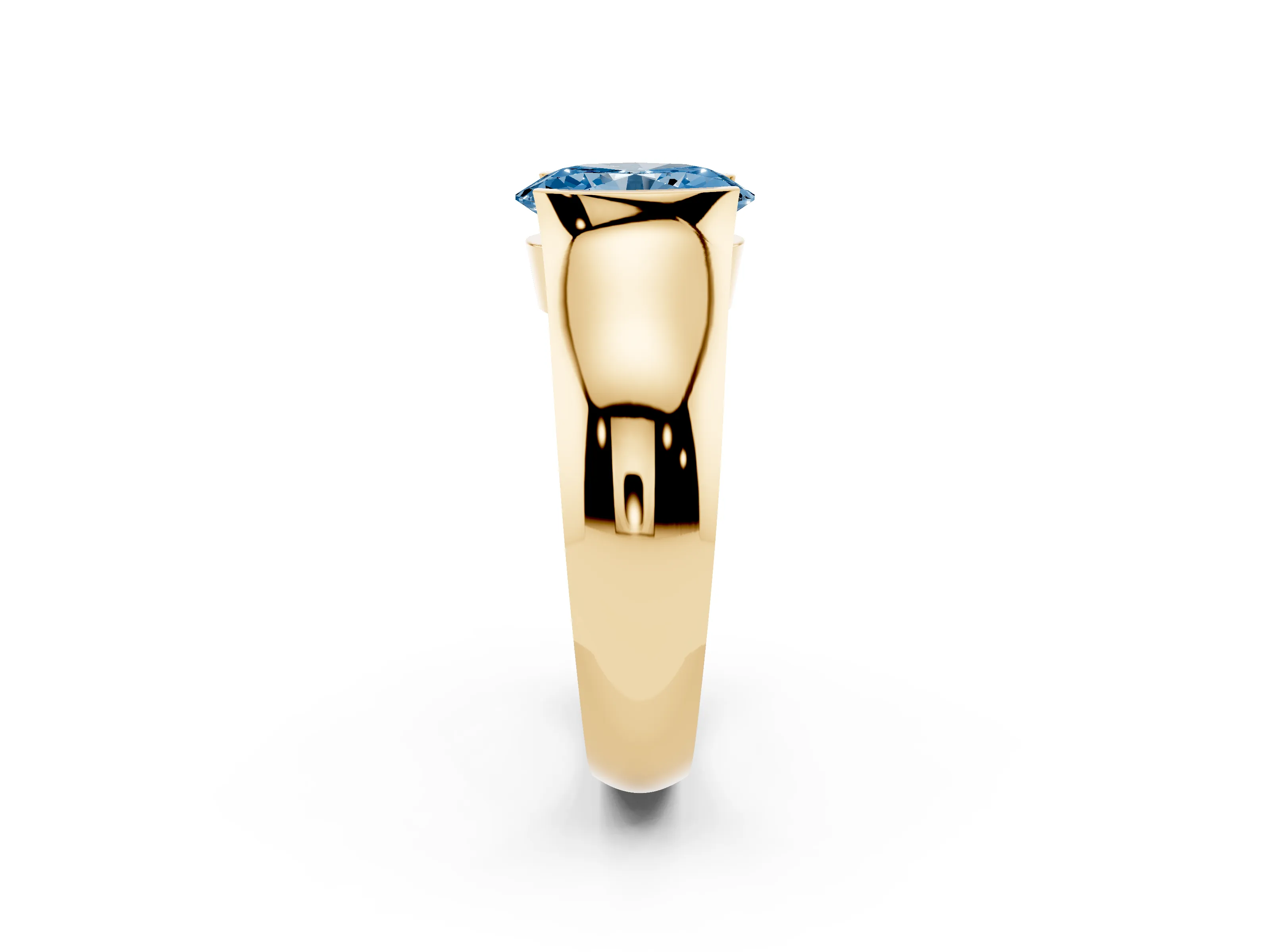 Fancy Blue Oval Cut Diamond Bezel Solitaire Ring Set in Yellow gold with Wide Band
