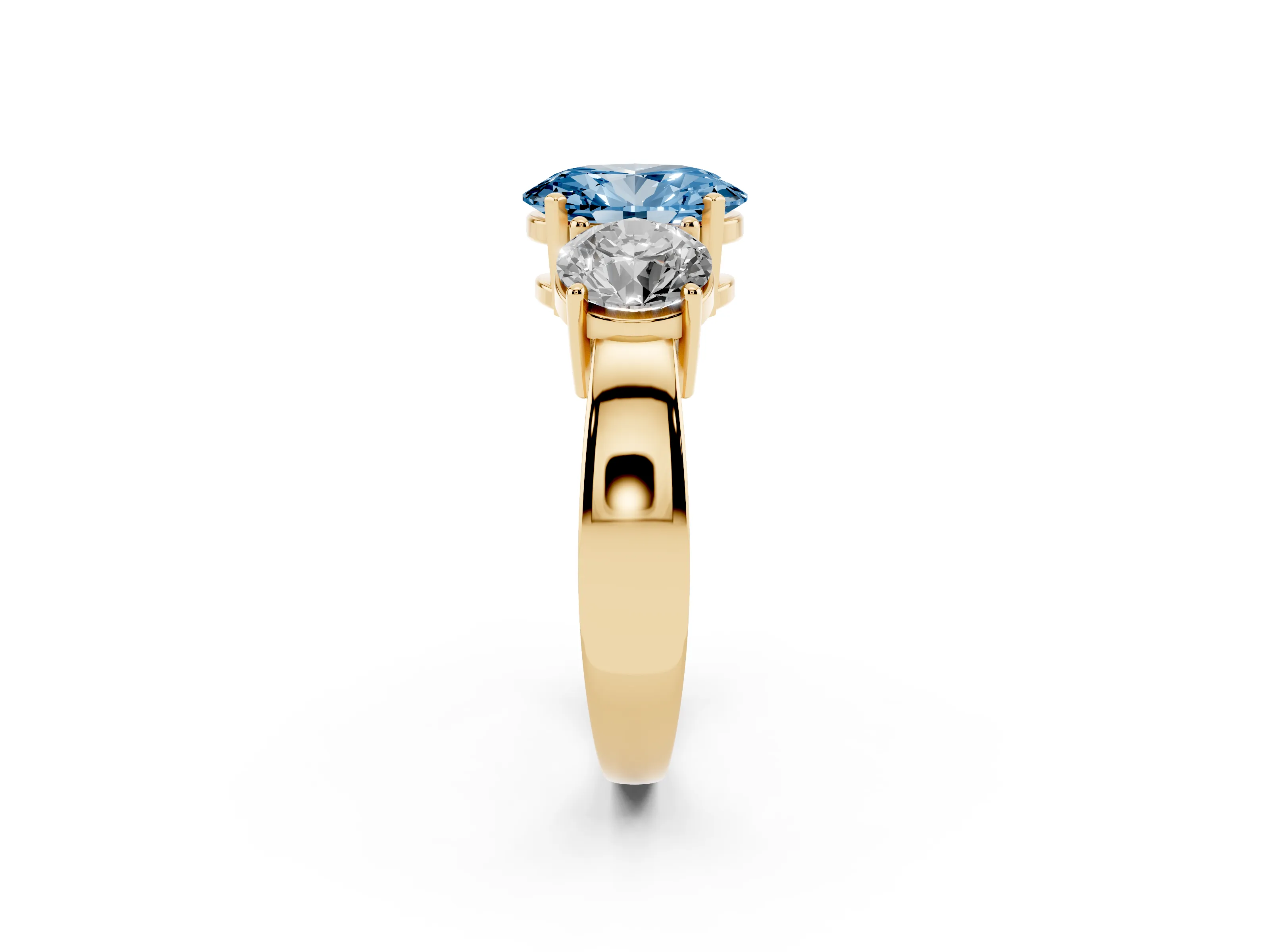 Fancy Blue Oval Cut Diamond Three-Stone Ring Set in Yellow gold with Round Side Stones and Classic Band