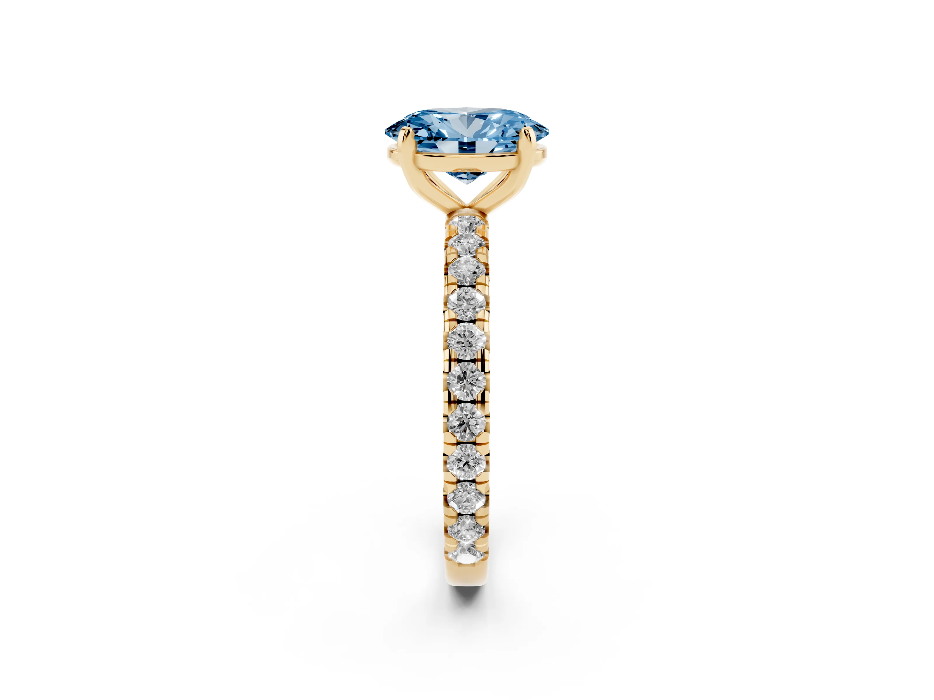 Fancy Blue Oval Cut Diamond Pavé Solitaire Ring Set in Yellow gold with Round Band and Prong Setting