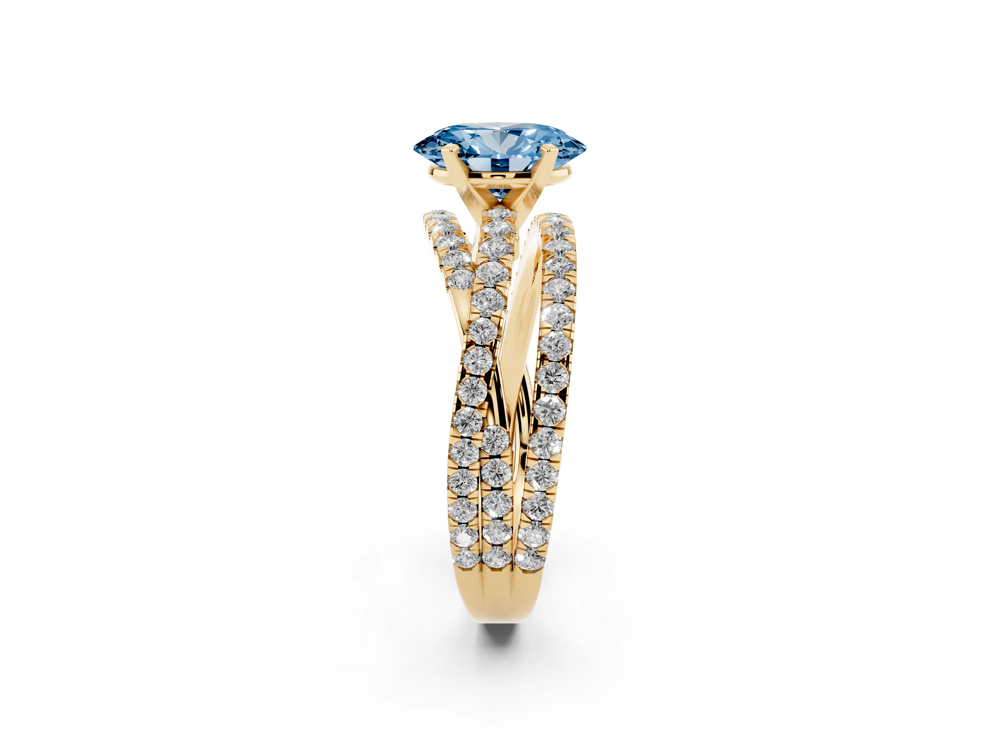 Fancy Blue Oval Cut Diamond Solitaire Twist Band Ring Set in Yellow gold with Pavé Setting and Prong Head