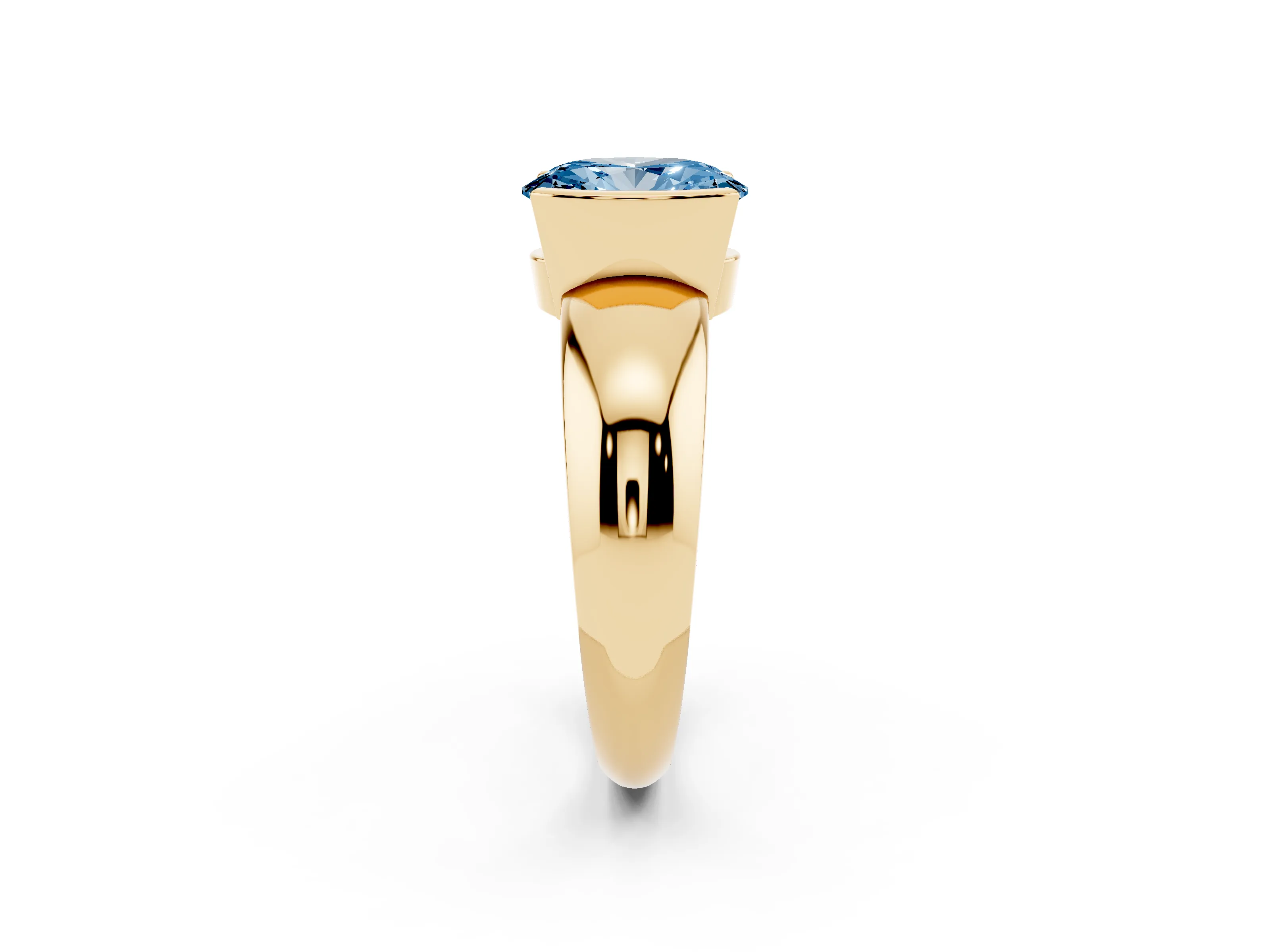 Fancy Blue Oval Cut Diamond Solitaire Tension Set Ring Set in Yellow gold with Wide Band
