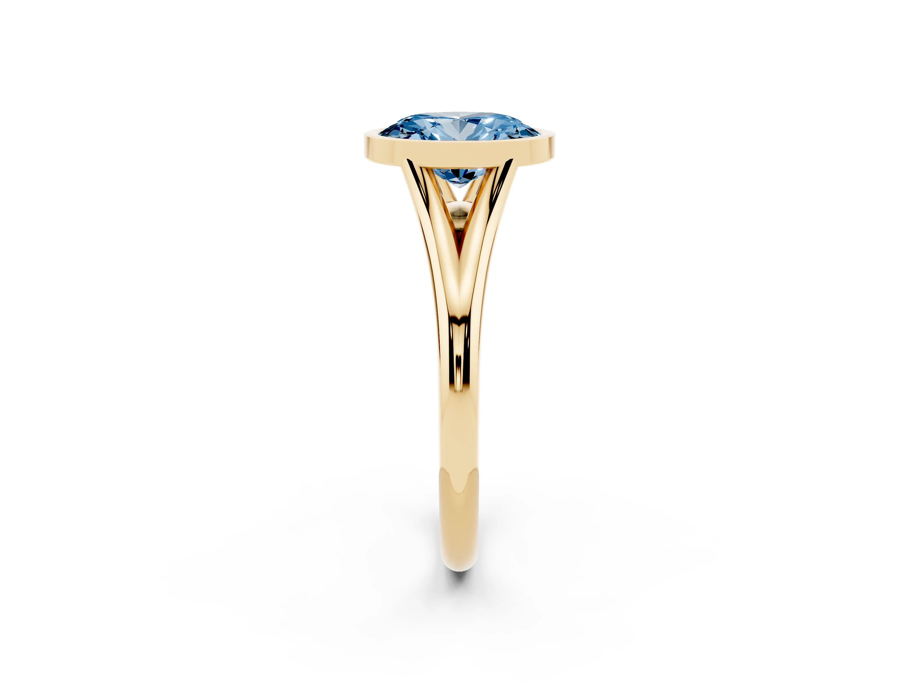 Fancy Blue Bezel Set Oval Cut Diamond Solitaire Ring Set in Yellow gold with Tapered Band