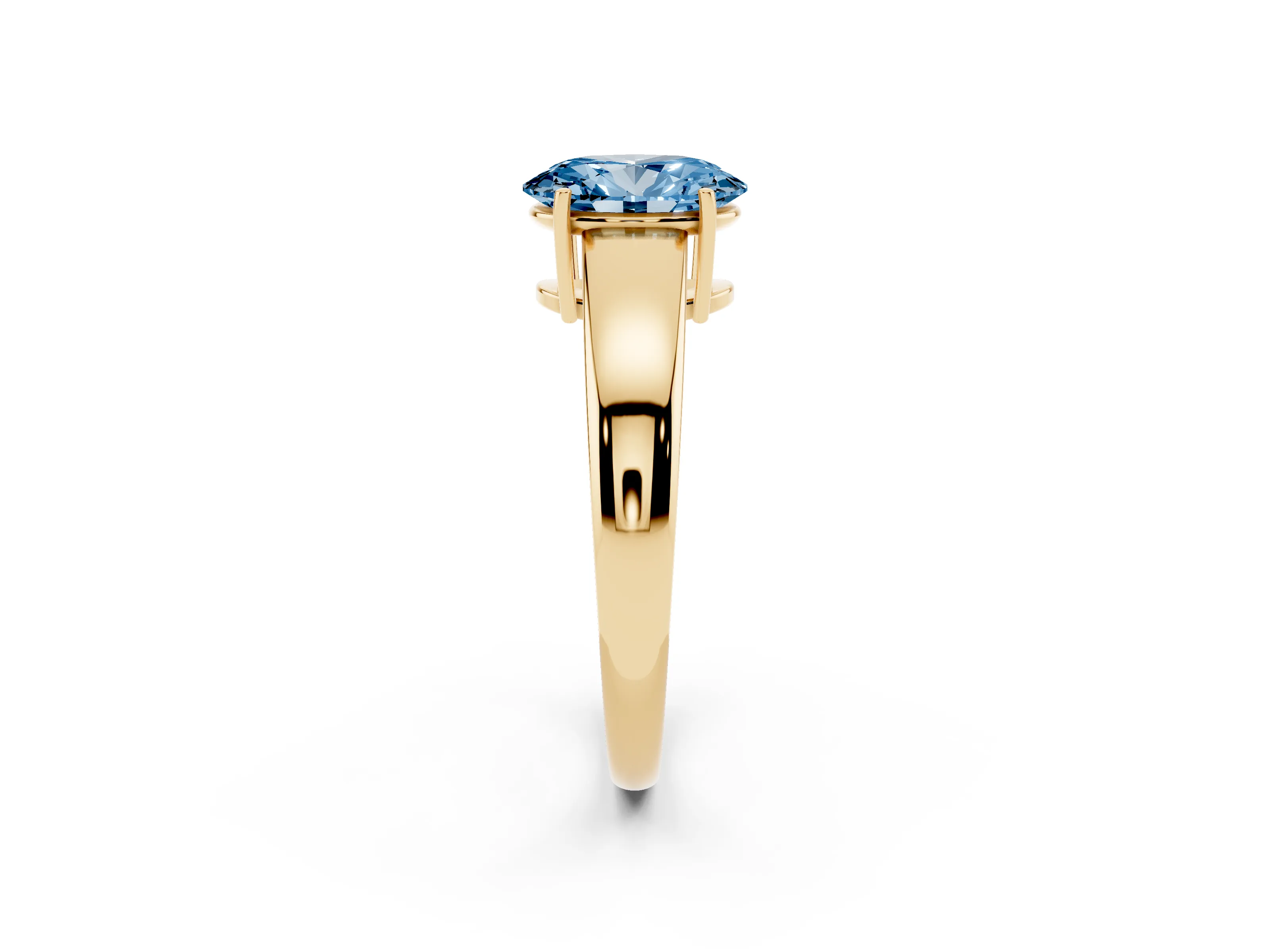 Fancy Blue Oval Cut Diamond Solitaire Ring Set in Yellow gold with Tapered Band and Prong Setting