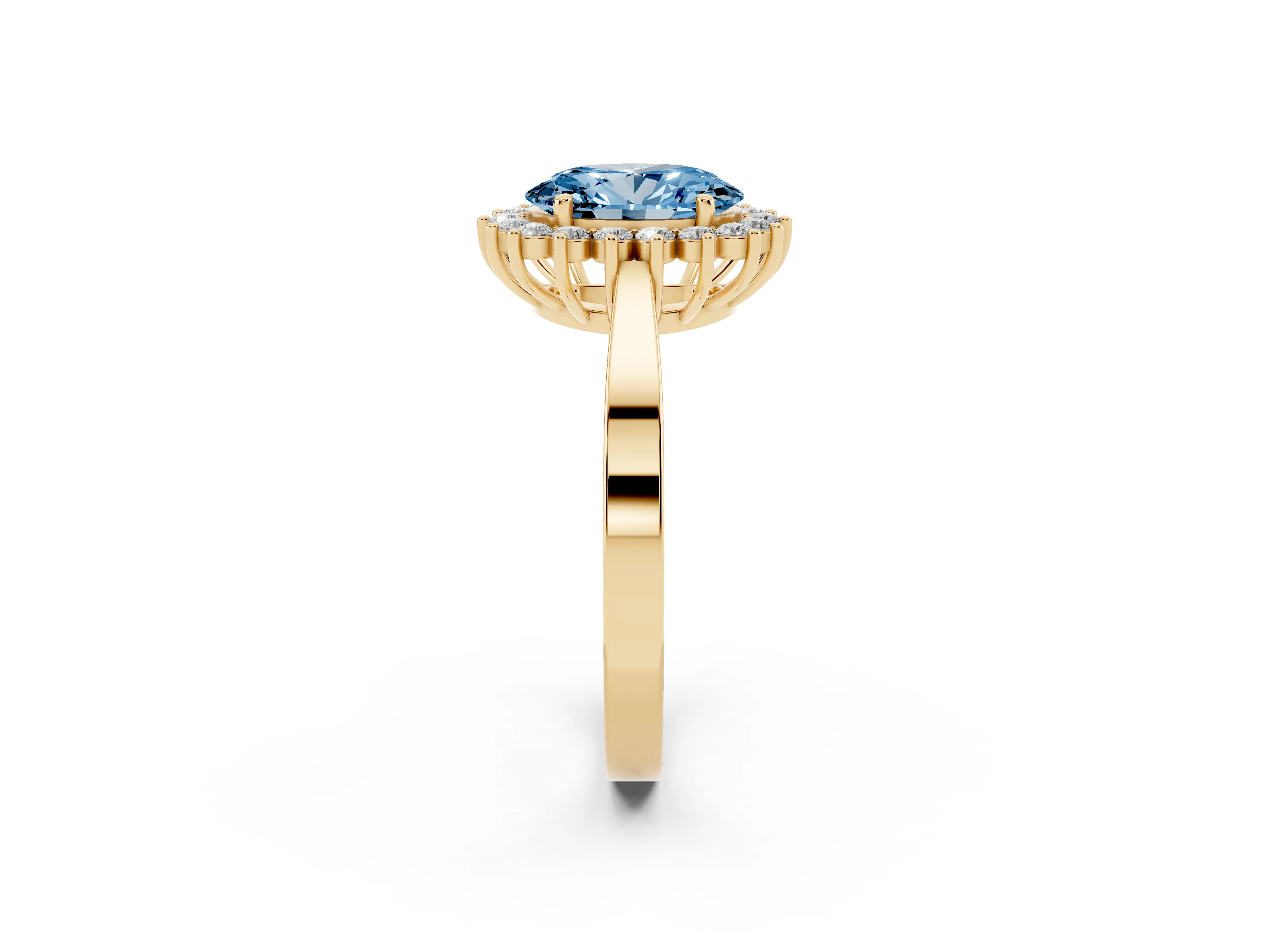 Fancy Blue Oval Cut Diamond Halo Ring Set in Yellow gold with Round Halo and Smooth Solitaire Band