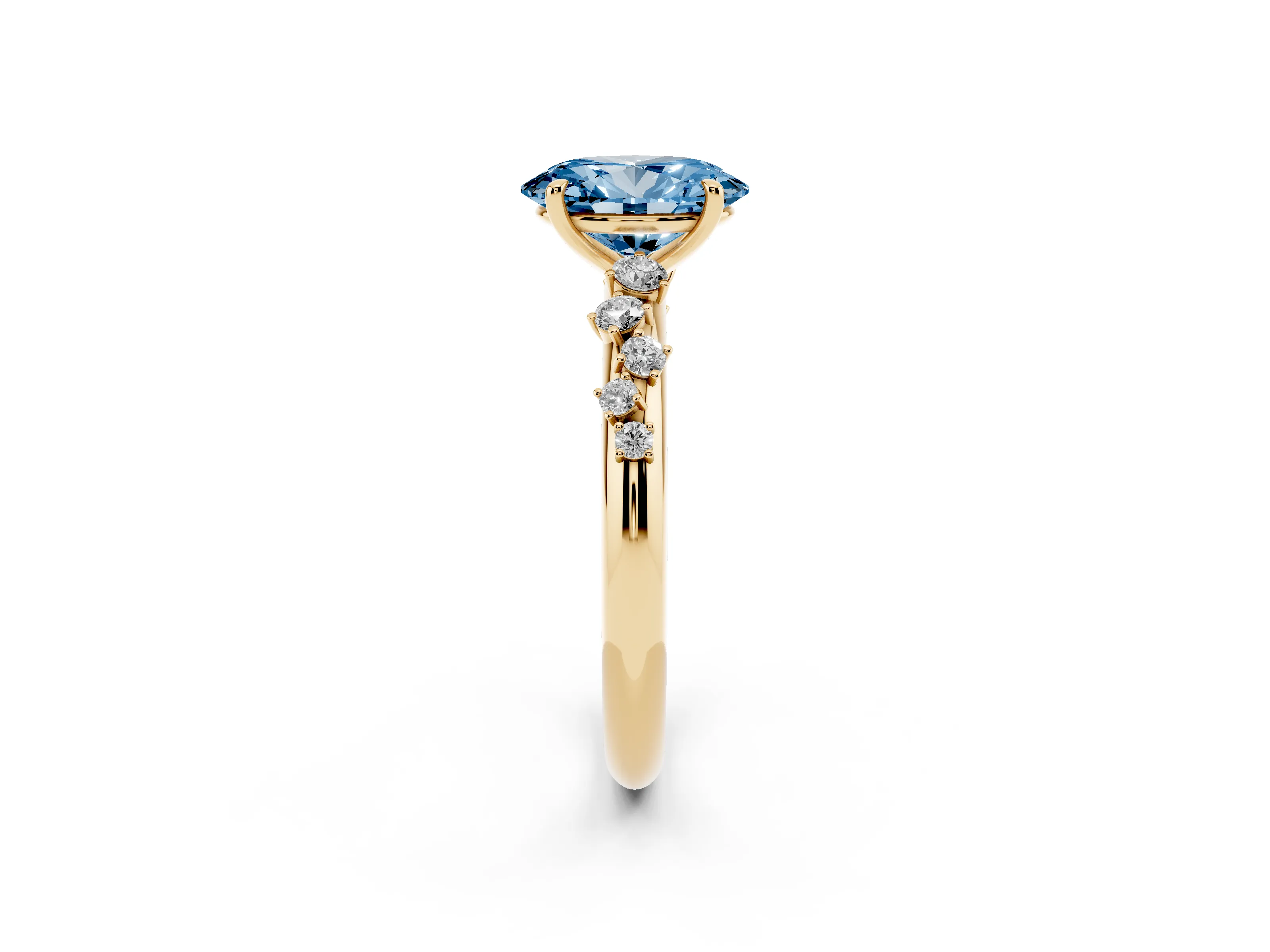 Fancy Blue Oval Cut Diamond Cluster Solitaire Ring Set in Yellow gold with Prong Setting