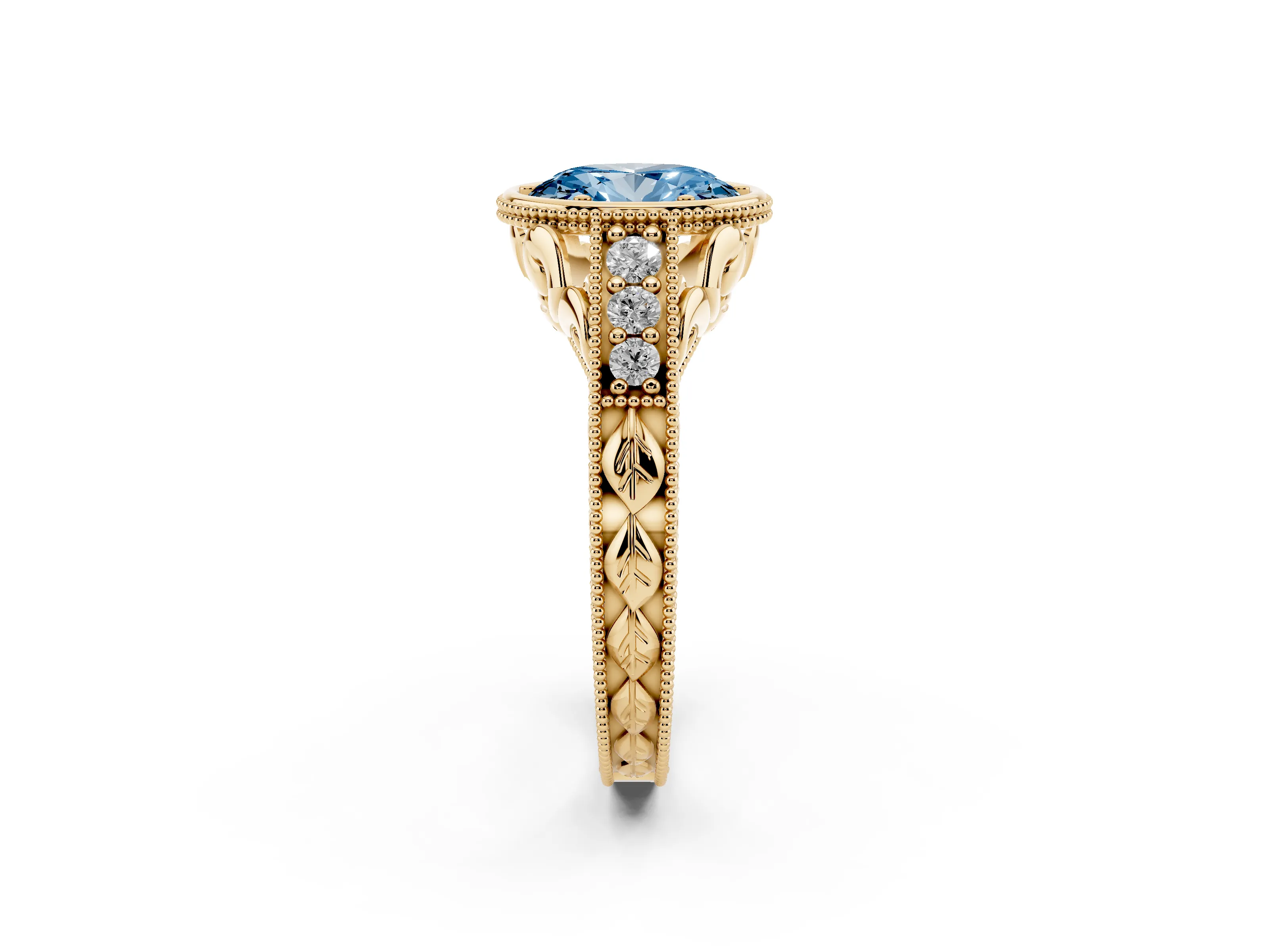 Fancy Blue Bezel Set Oval Cut Diamond Milgrain Pavé Engagement Ring Set in Yellow gold