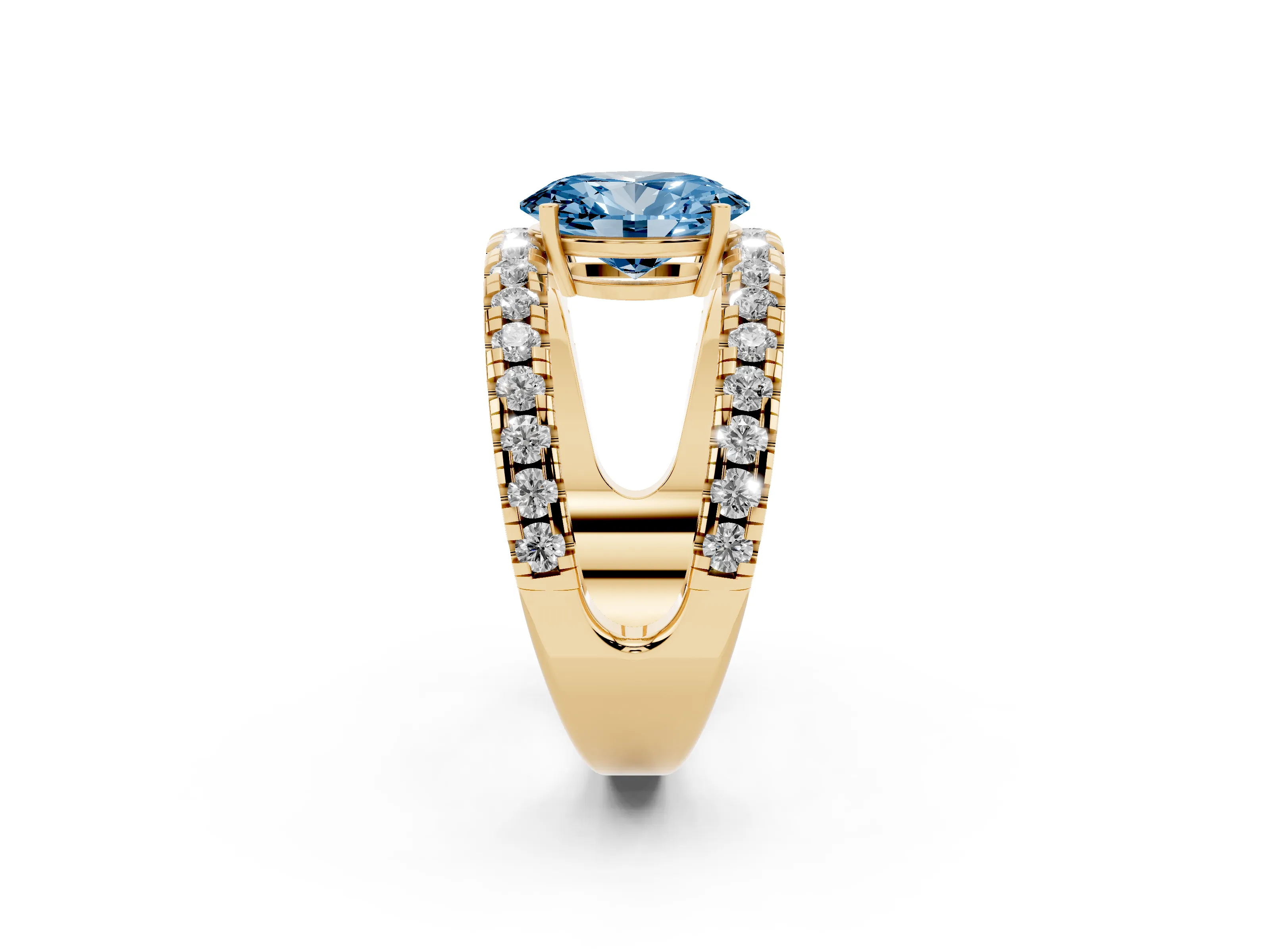 Fancy Blue Oval Cut Diamond Split Shank Pavé Solitaire Ring Set in Yellow gold with Open Shank Design