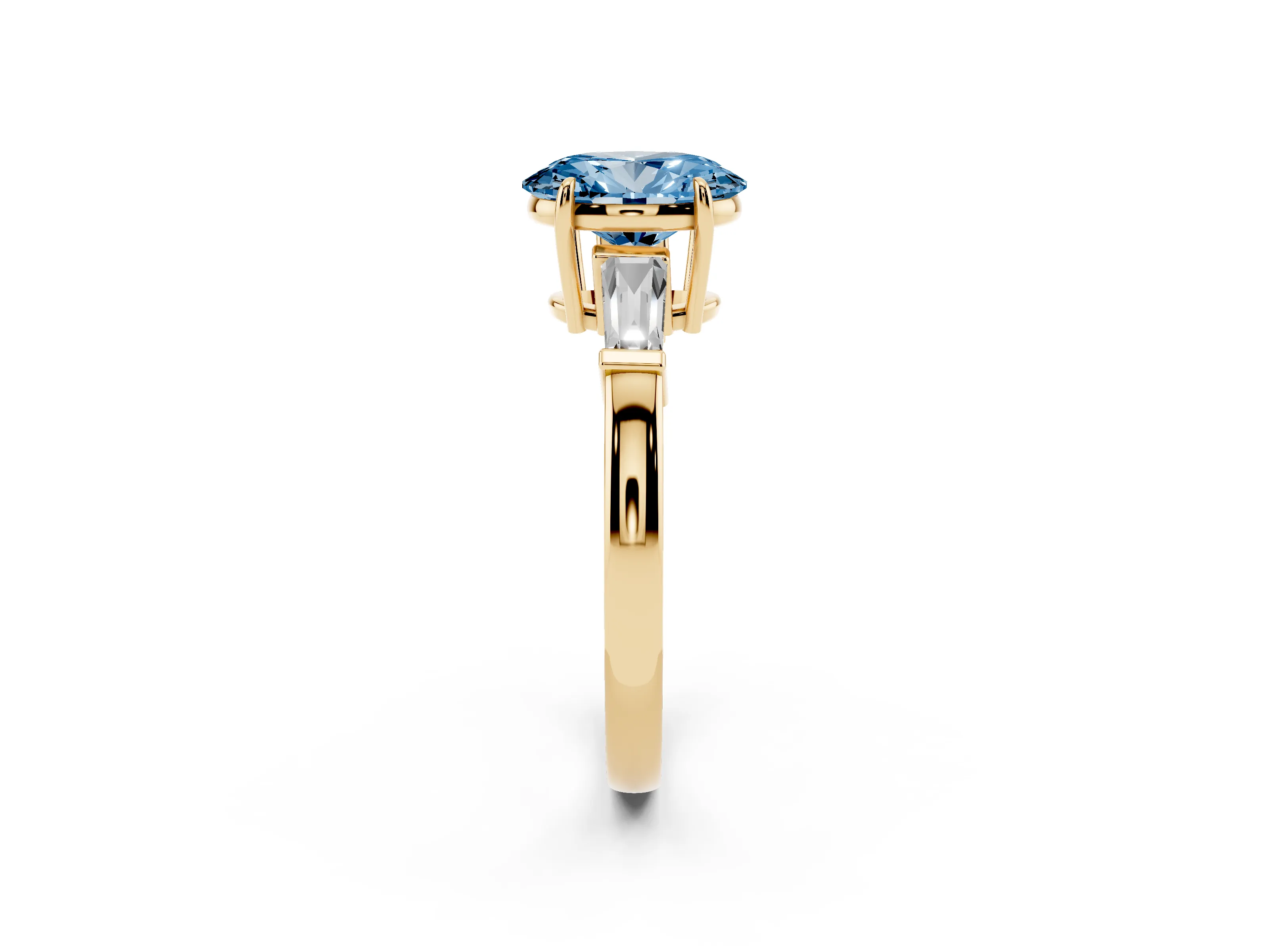 Fancy Blue Oval Cut Diamond Three-Stone Ring Set in Yellow gold with Tapered Baguette Side Stones and Prong Setting