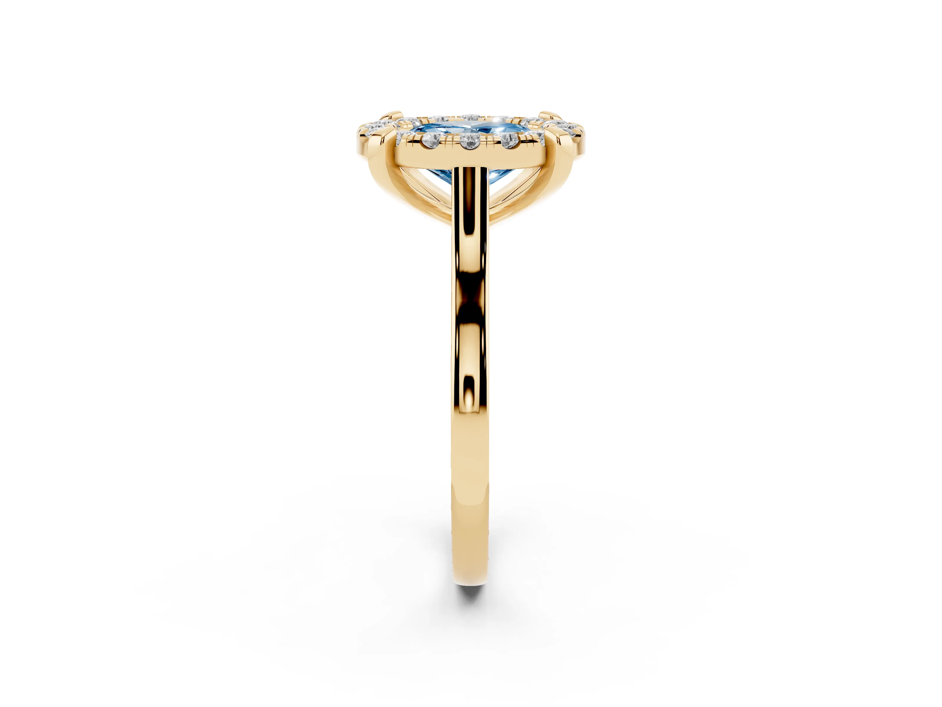Fancy Blue Oval Cut Diamond Cluster Halo Solitaire Ring Set in Yellow gold with Prong Setting