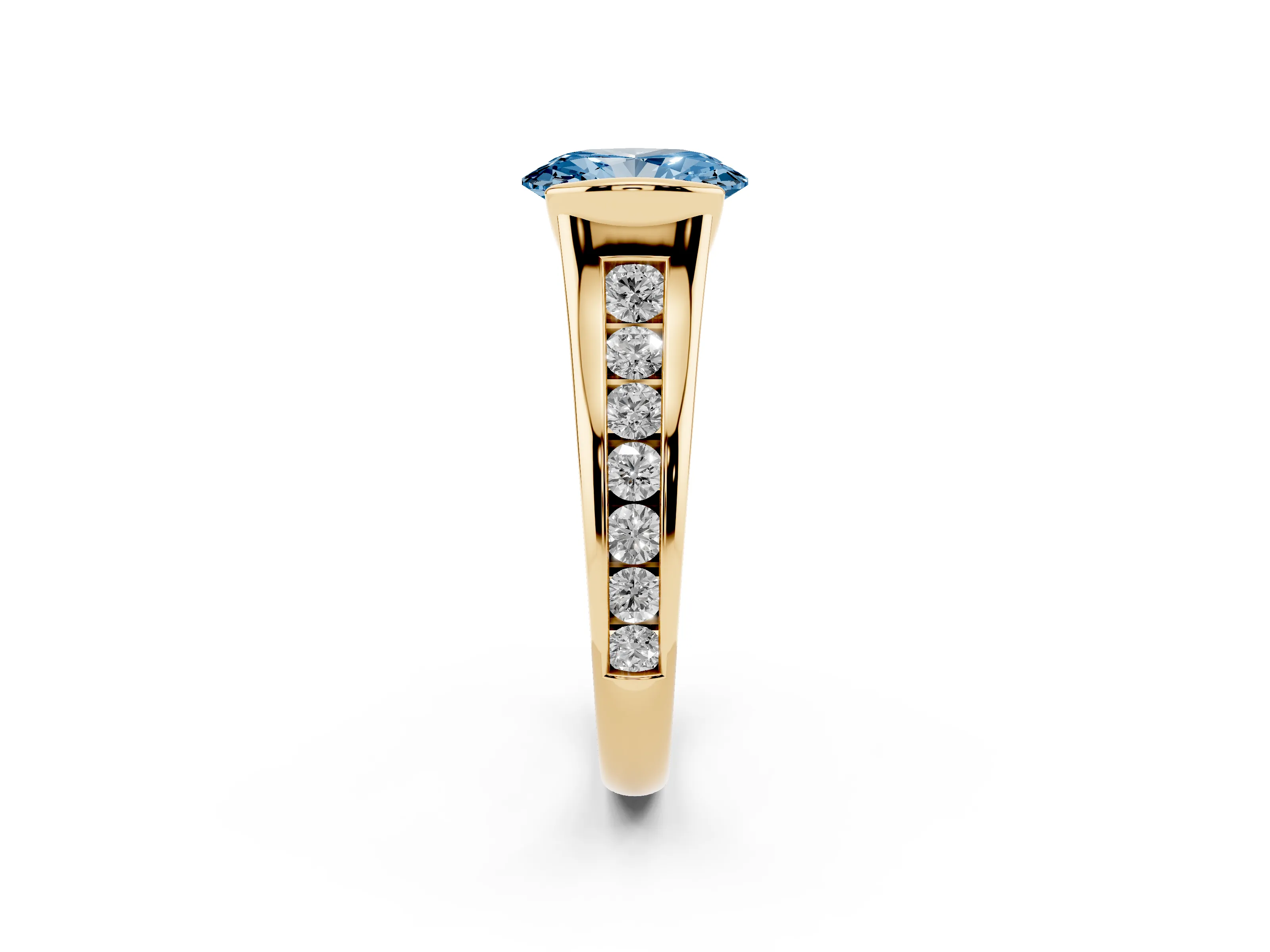 Fancy Blue Oval Cut Diamond Bezel-Set Solitaire Ring Set in Yellow gold with Channel-Set Band