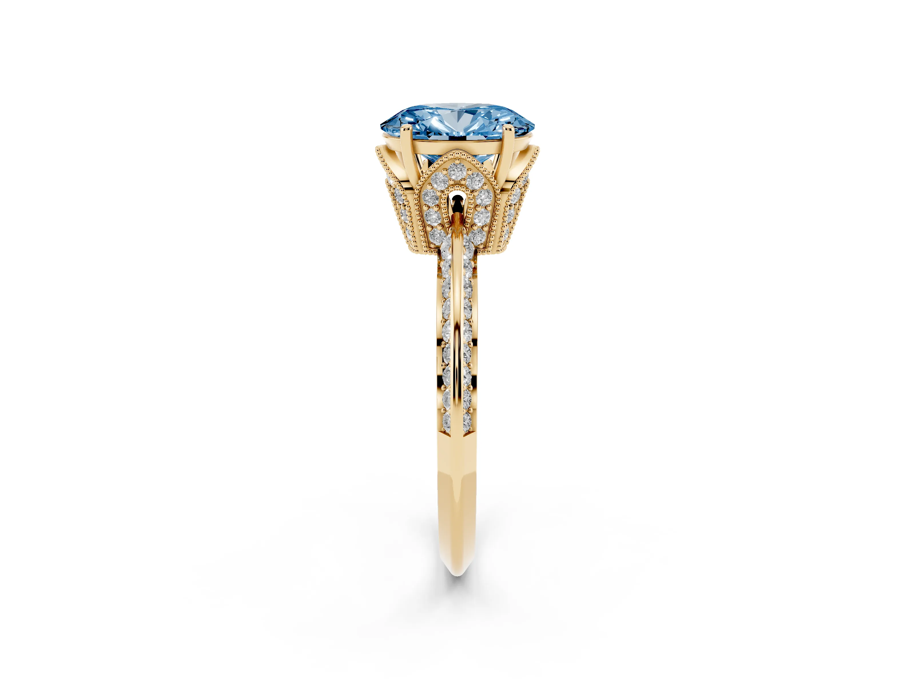 Fancy Blue Oval Cut Diamond Solitaire Engagement Ring Set in Yellow gold with Pavé Split Shank and Prong Setting