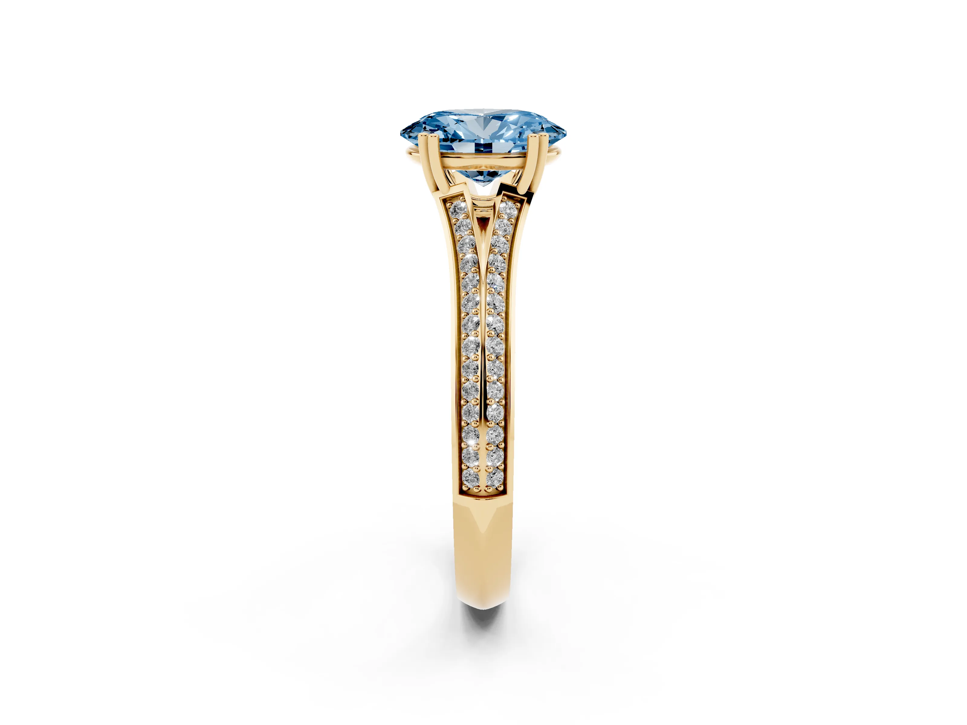 Fancy Blue Oval Cut Diamond Split Shank Pavé Engagement Ring Set in Yellow gold with Prong-Set Center Stone