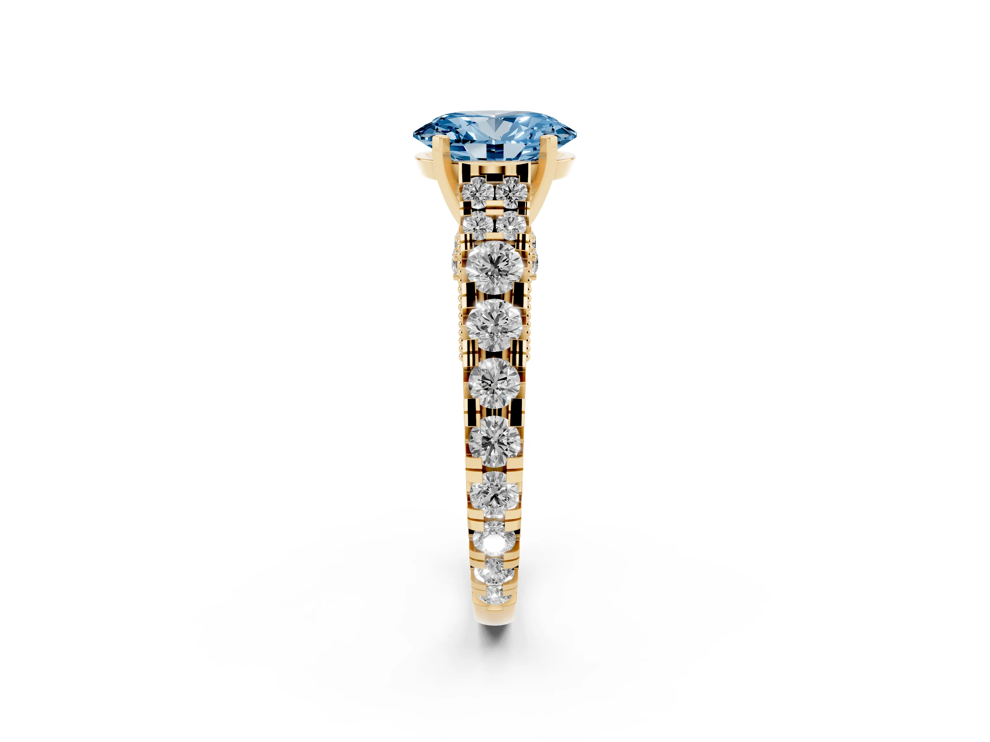 Fancy Blue Oval Cut Diamond Classic Solitaire Ring Set in Yellow gold with Pavé Band and Prong Setting