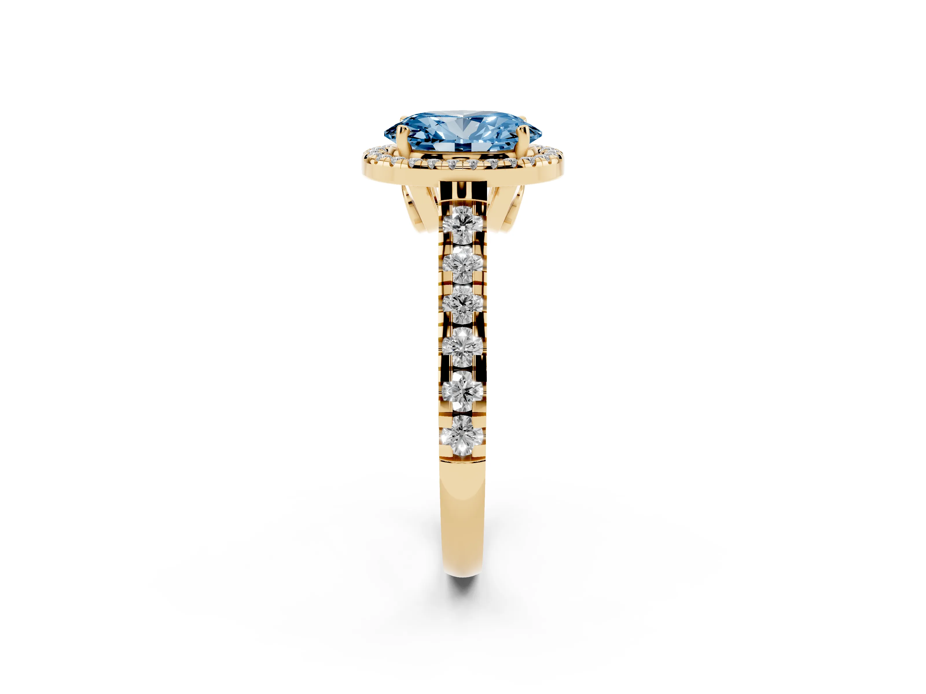 Fancy Blue Oval Cut Diamond Halo Engagement Ring Set in Yellow gold with Pavé Band and Prong-Set Center