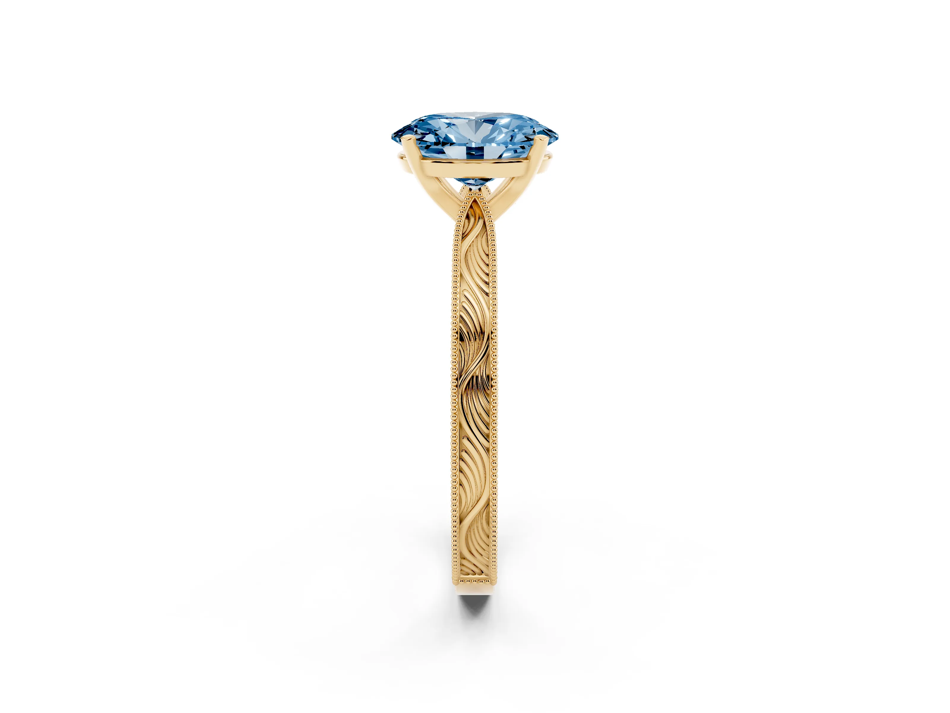 Fancy Blue Oval Cut Diamond Solitaire Milgrain Engraved Band Set in Yellow gold with Prong Setting