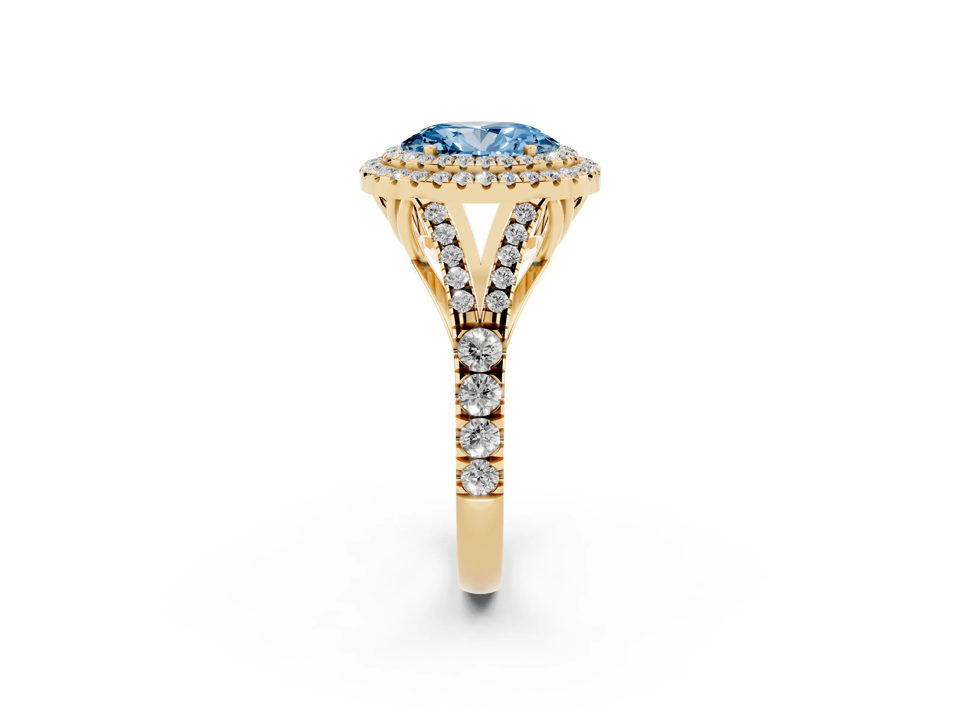 Fancy Blue Oval Cut Diamond Pavé Split Shank Double Halo Engagement Ring Set in Yellow gold
