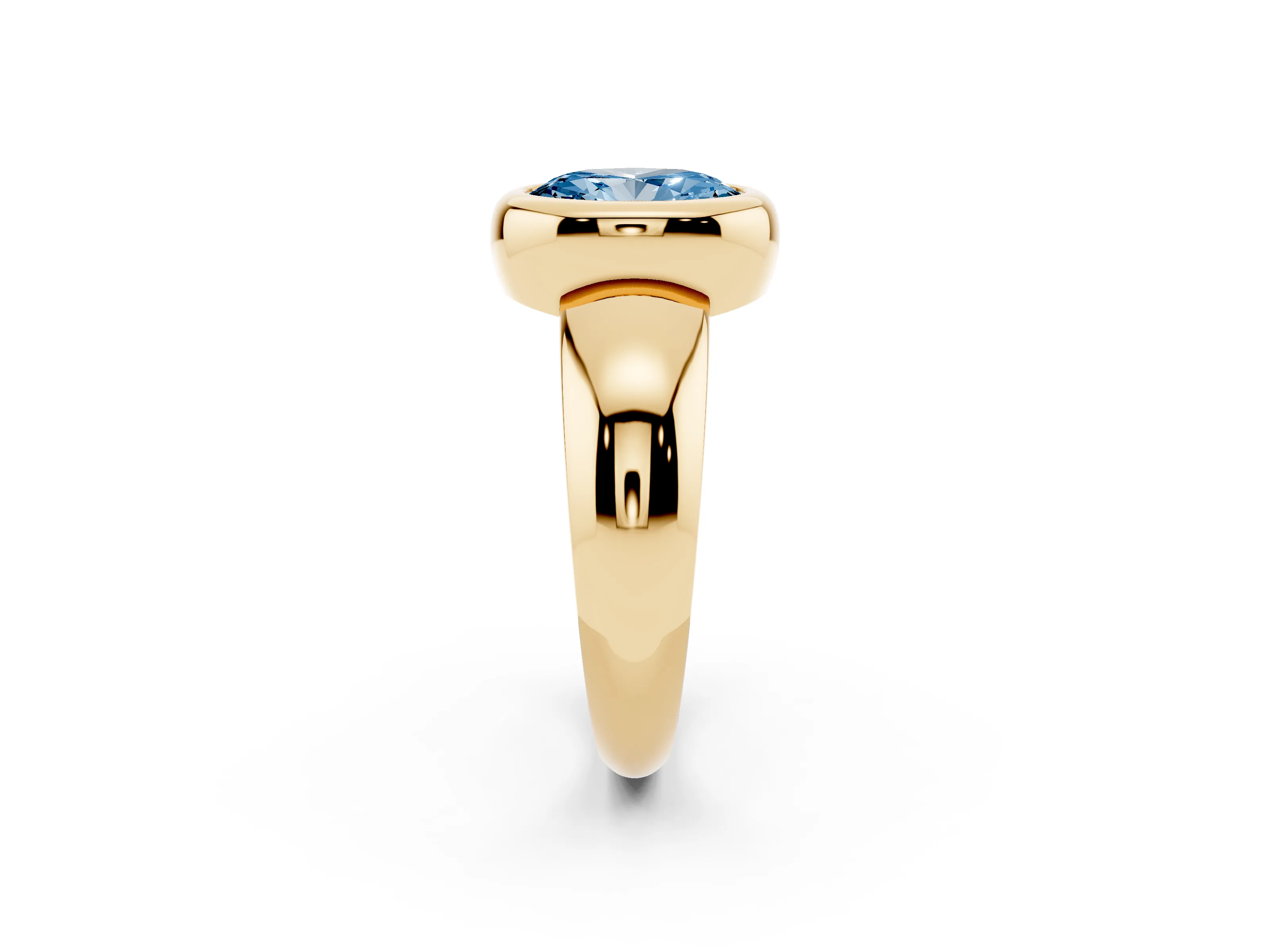 Fancy Blue Bezel Set Oval Cut Diamond Solitaire Ring Set in Yellow gold with Wide Band