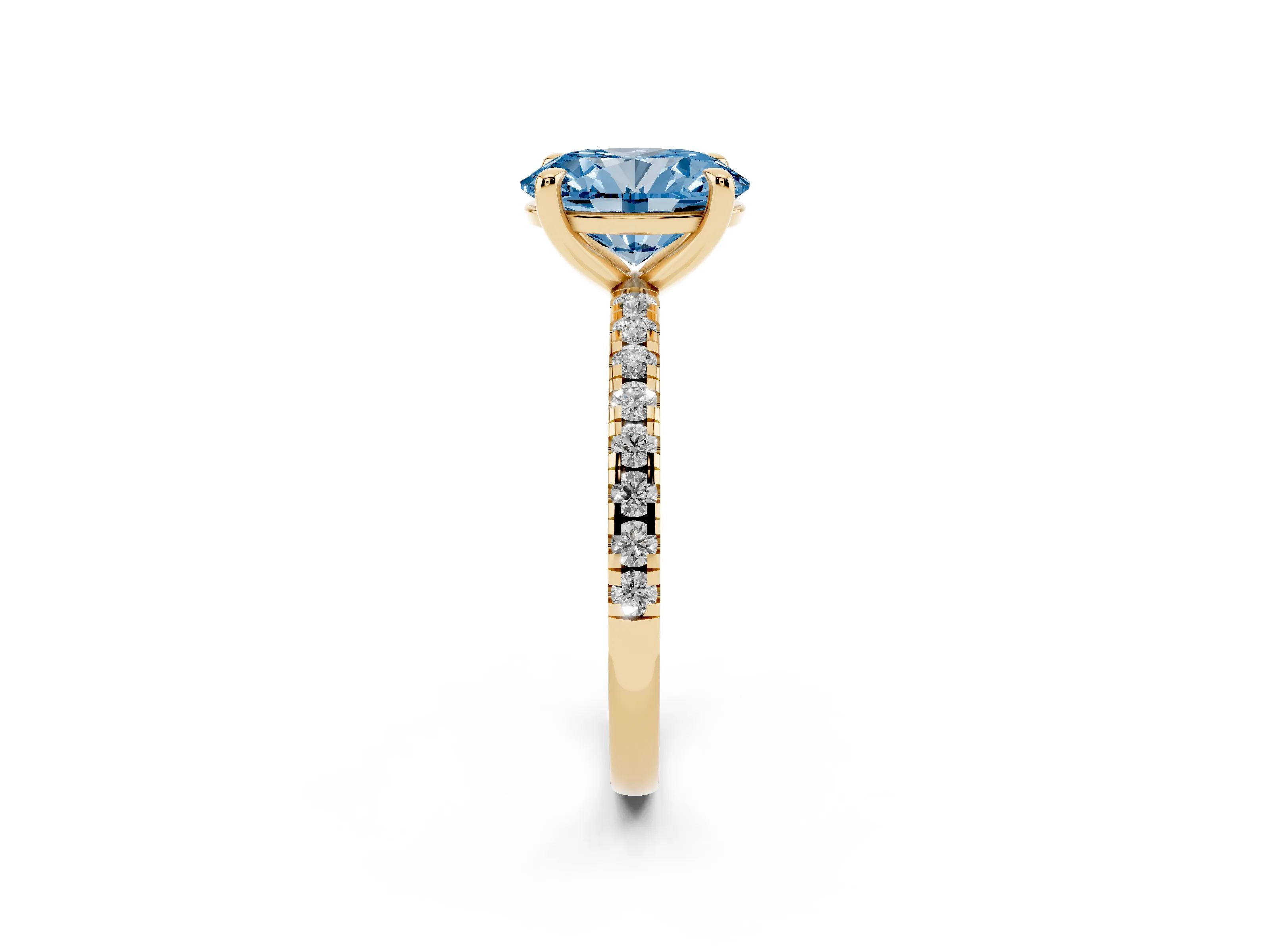 Fancy Blue Oval Cut Diamond Brilliant Solitaire Ring Set in Yellow gold with Pavé Band and Prong Setting