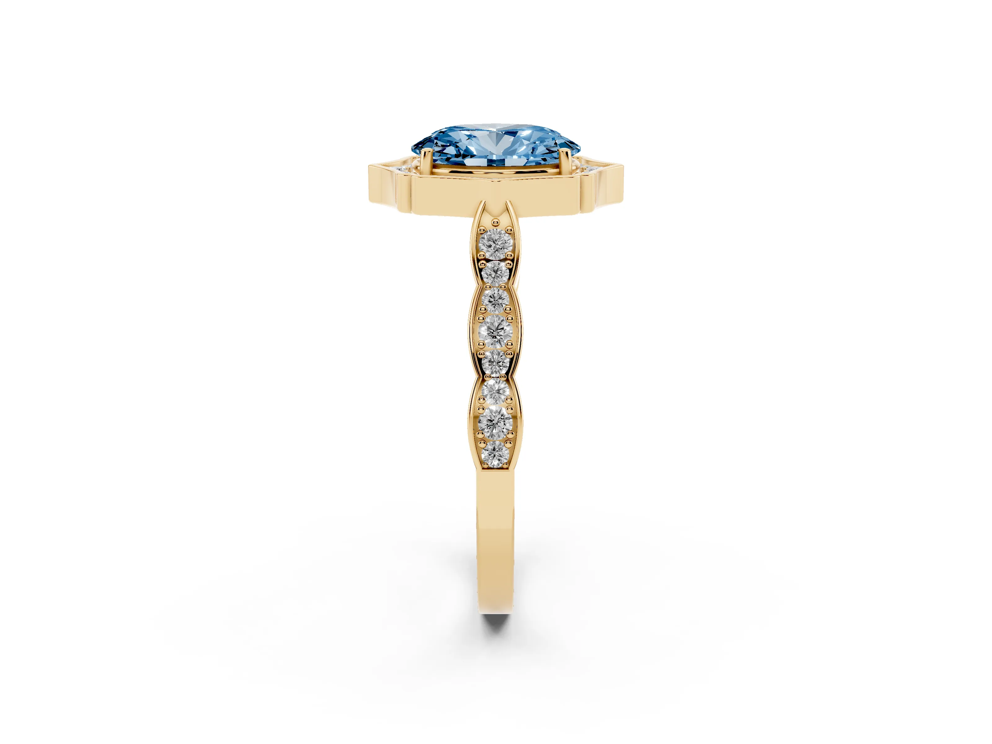 Fancy Blue Oval Cut Diamond Halo Engagement Ring Set in Yellow gold with Milgrain Band and Prong Setting