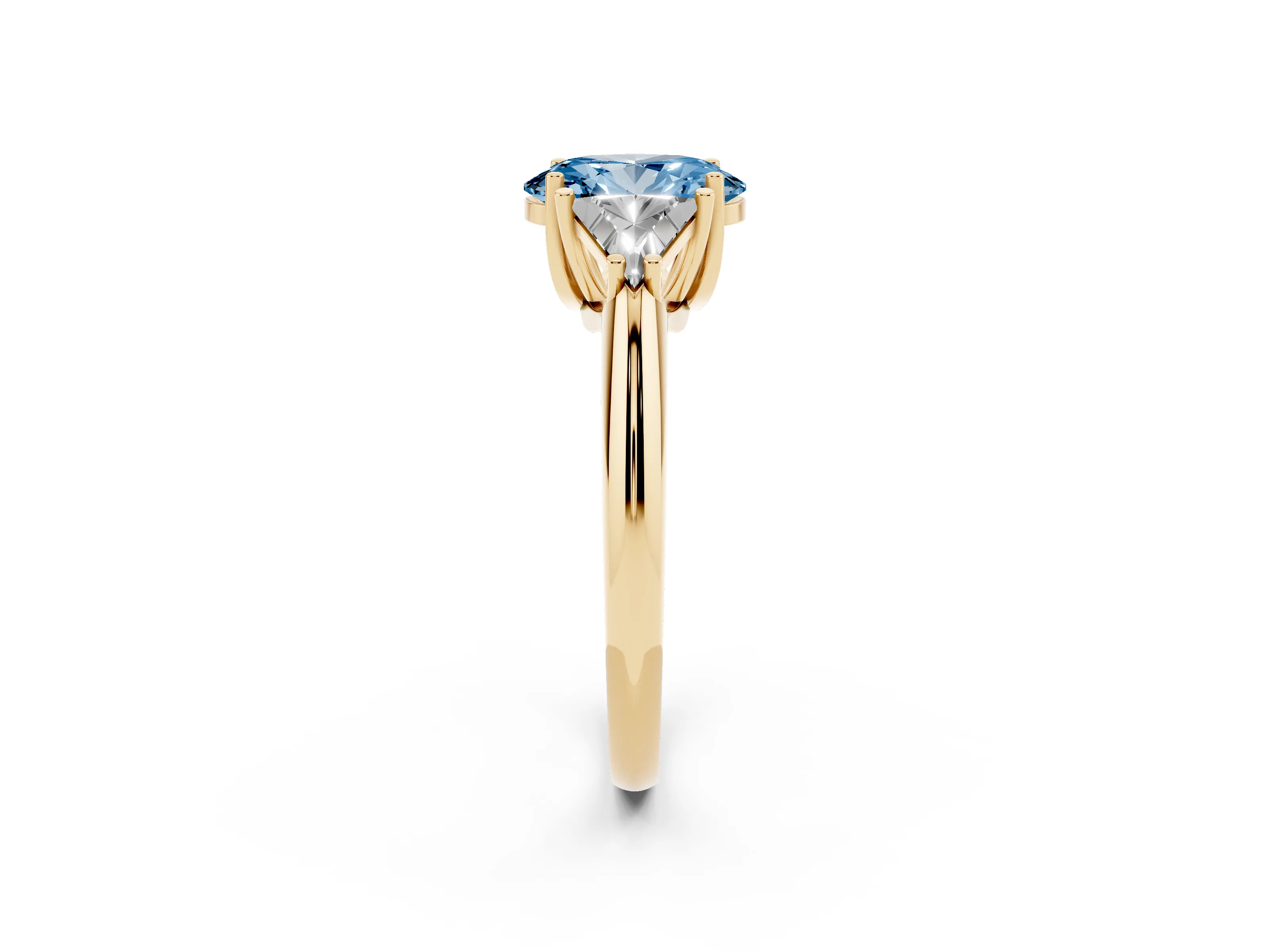 Fancy Blue Oval Cut Diamond Three-Stone Engagement Ring Set in Yellow gold with Trillion Side Stones