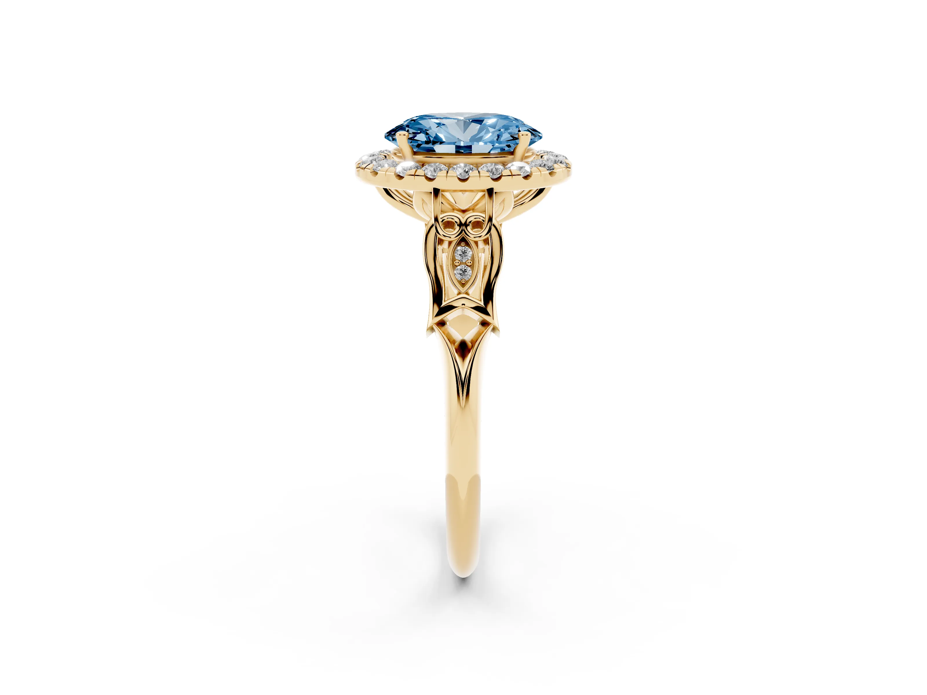 Fancy Blue Oval Cut Diamond Halo Engagement Ring Set in Yellow gold with Filigree Band and Prong-Set Center