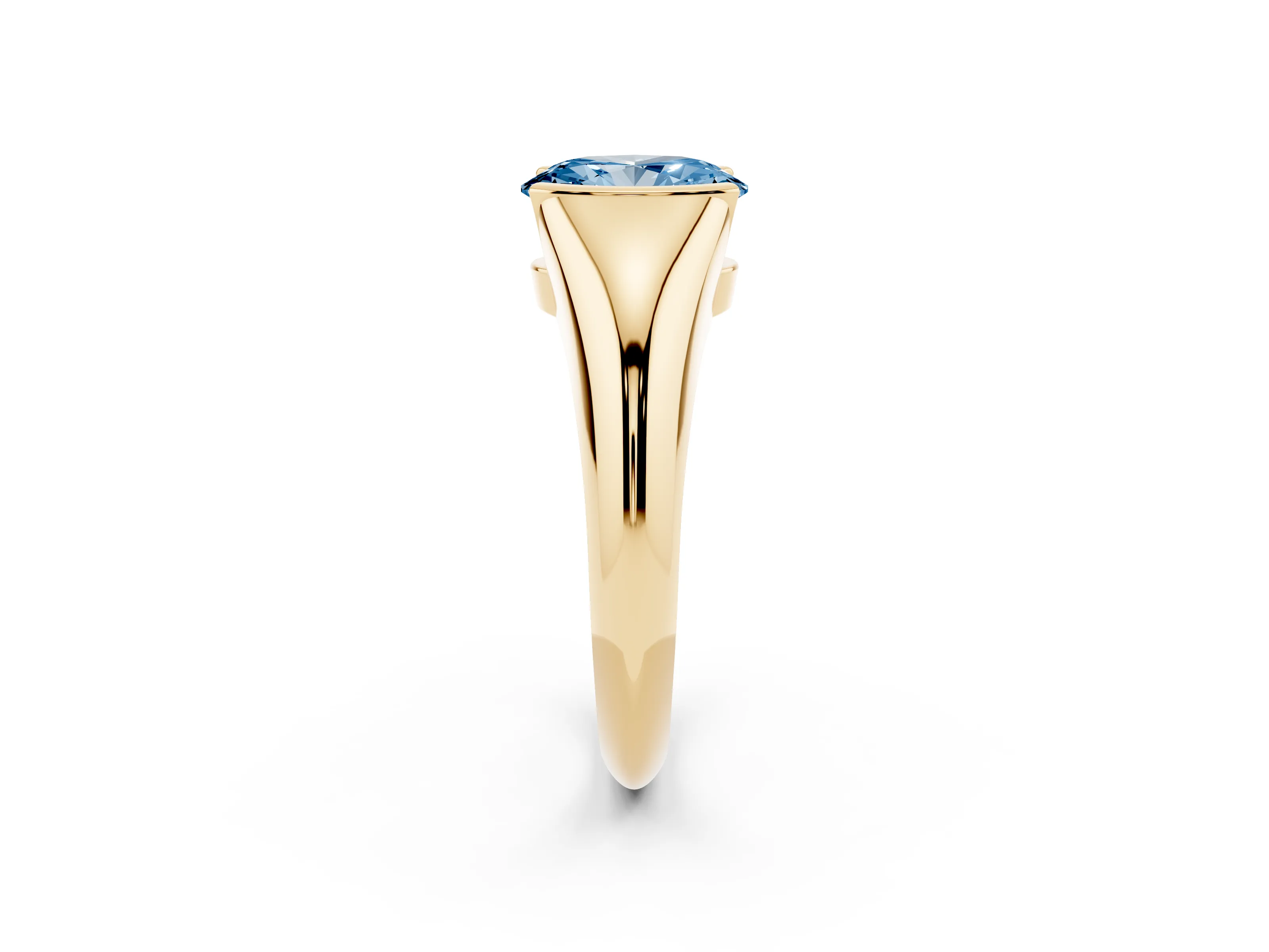 Fancy Blue Oval Cut Diamond Solitaire Tension Set Ring Set in Yellow gold