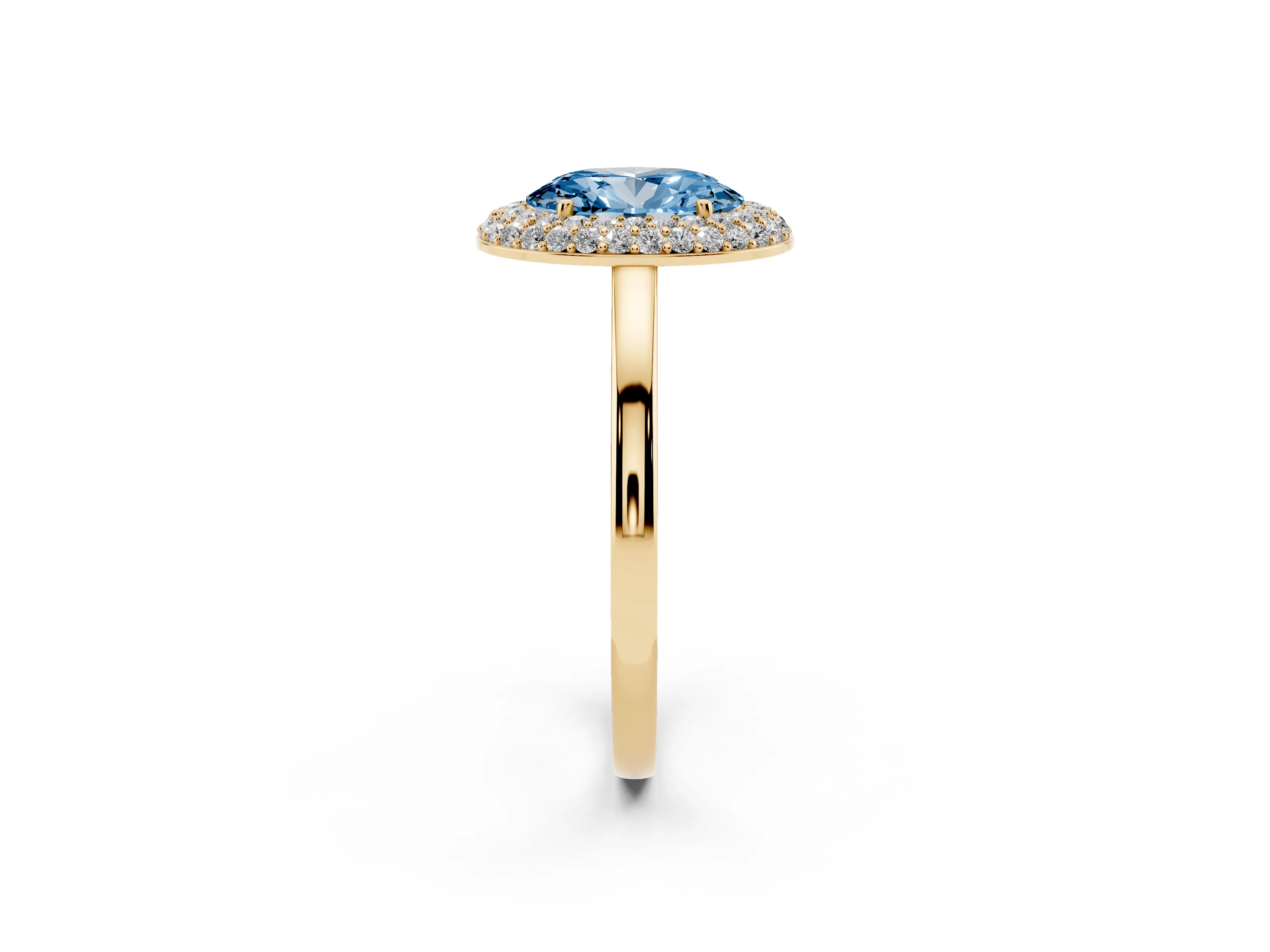 Fancy Blue Oval Cut Diamond Halo Engagement Ring Set in Yellow gold with Solitaire Band and Prong Setting