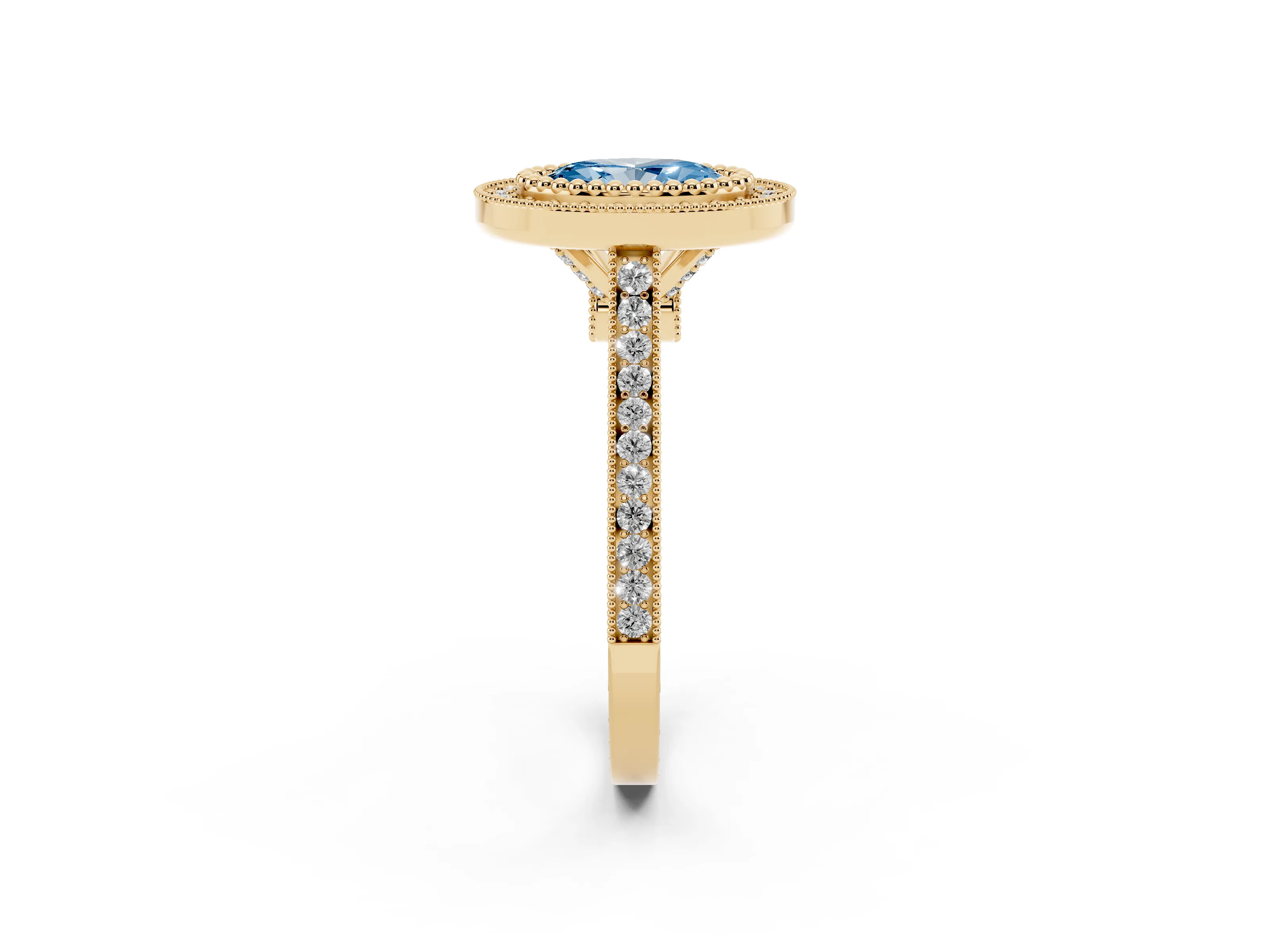 Fancy Blue Oval Cut Diamond Halo Ring Set in Yellow gold with Milgrain Frame and Pavé Band
