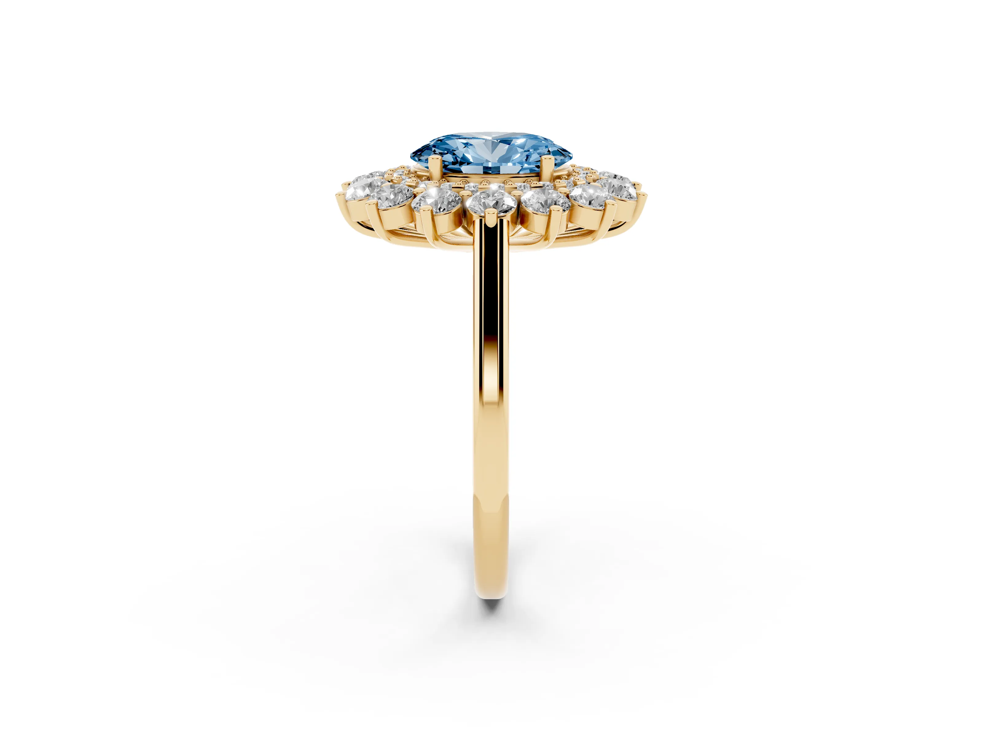 Fancy Blue Oval Cut Diamond Floral Double Halo Ring Set in Yellow gold with Round Petals