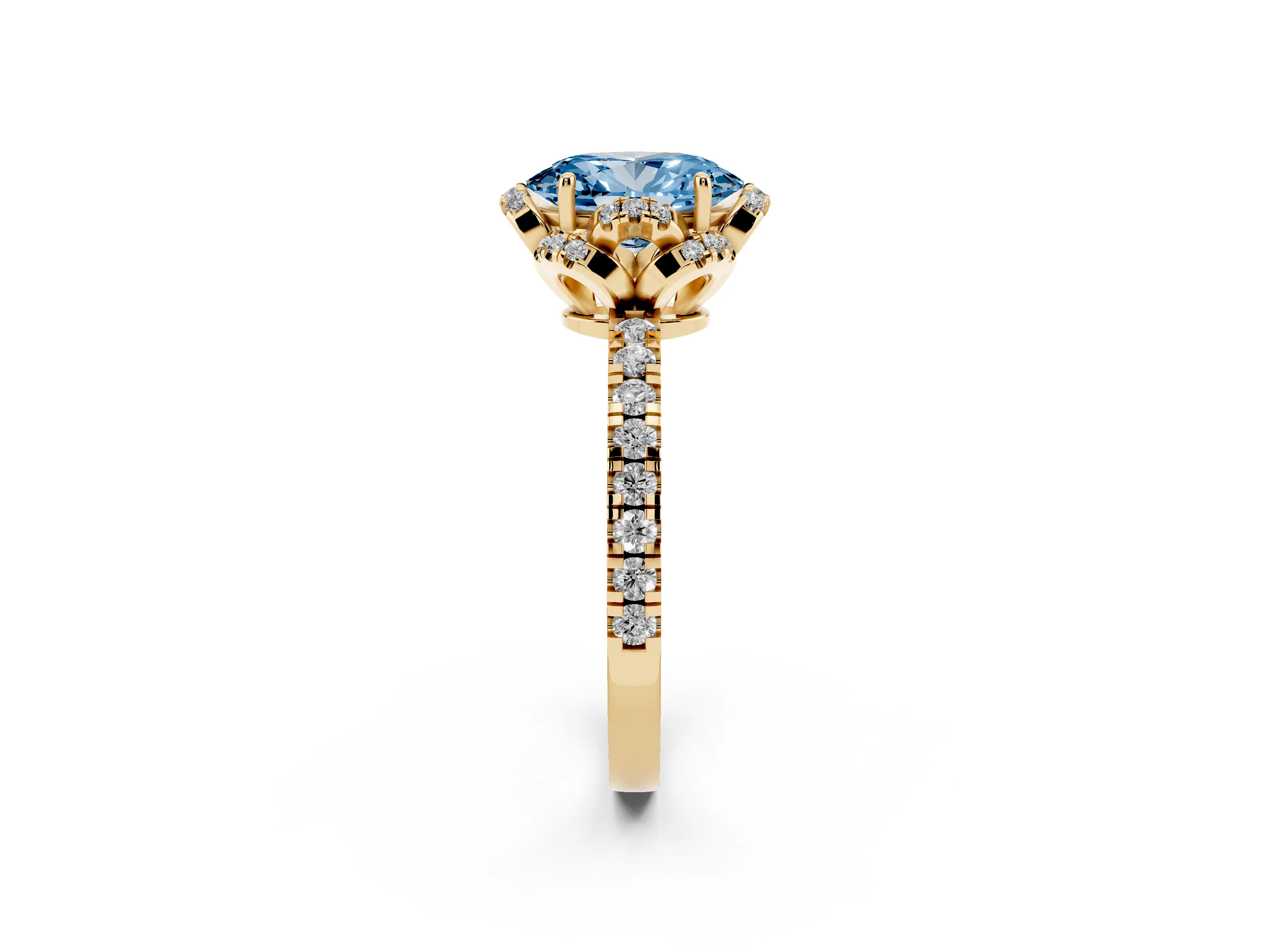Fancy Blue Oval Cut Diamond Halo Pavé Band Ring Set in Yellow gold with Prong-Held Center
