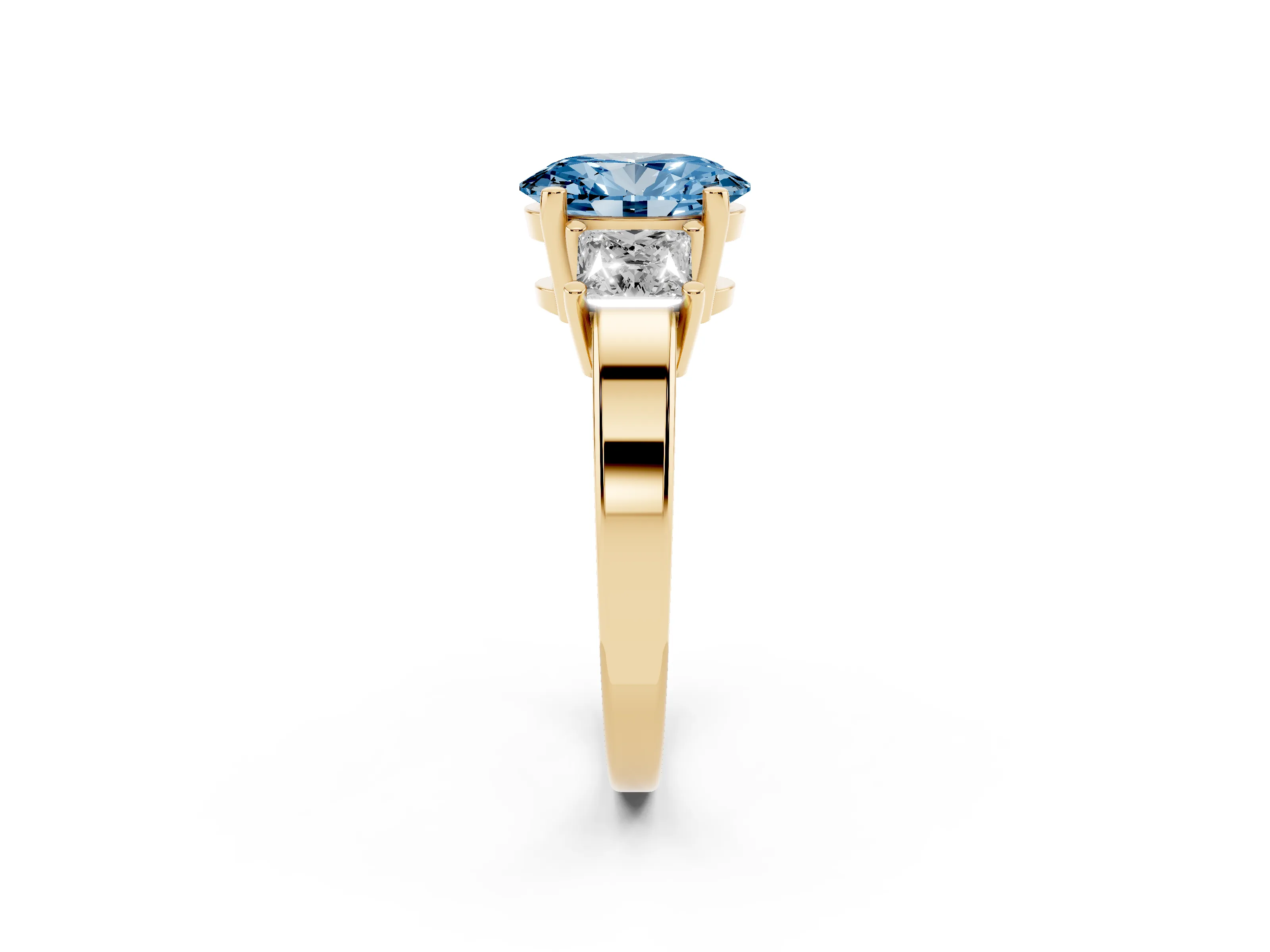 Fancy Blue Three-Stone Oval Cut Diamond Solitaire Ring Set in Yellow gold with Prong Setting