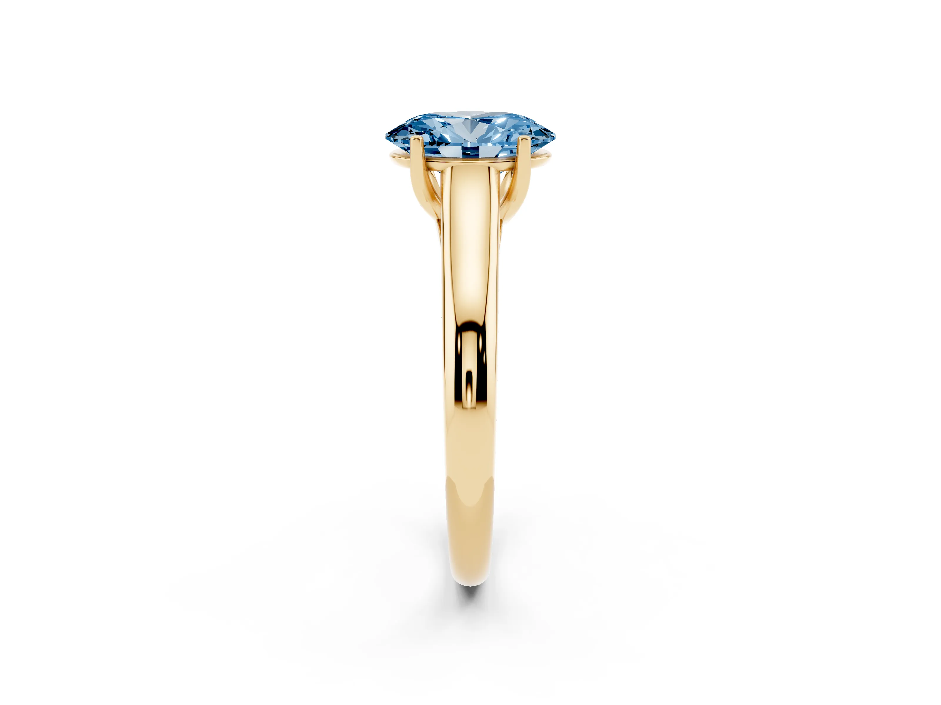 Fancy Blue Oval Cut Diamond Solitaire Engagement Ring Set in Yellow gold with Subtly Tapered Band and Prong Setting