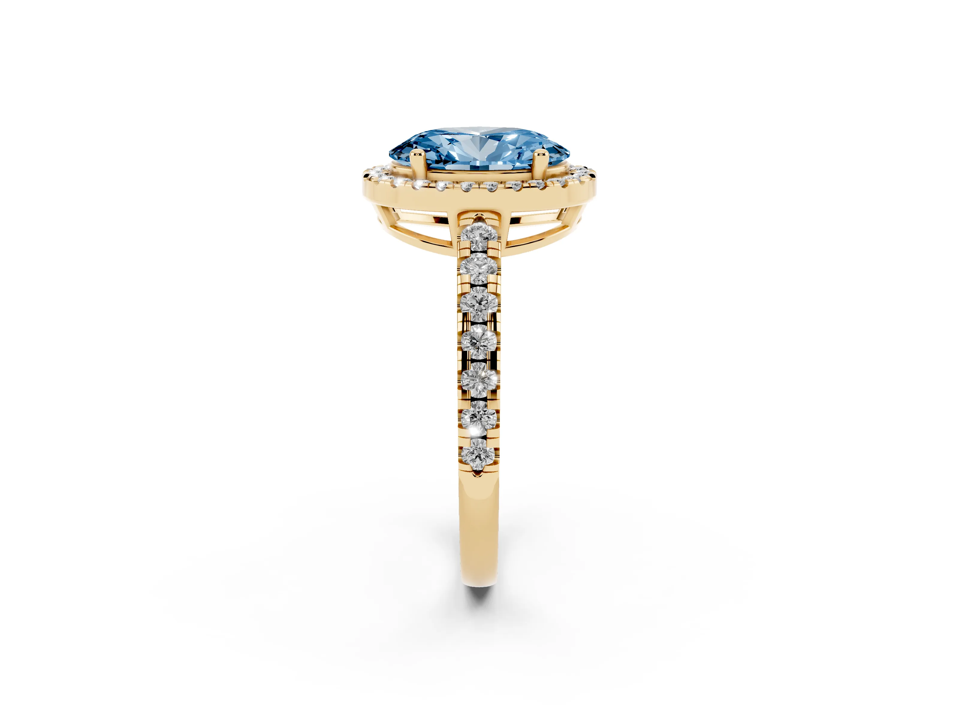 Fancy Blue Oval Cut Diamond Halo Ring Set in Yellow gold with Delicate Pavé Band and Prong Setting