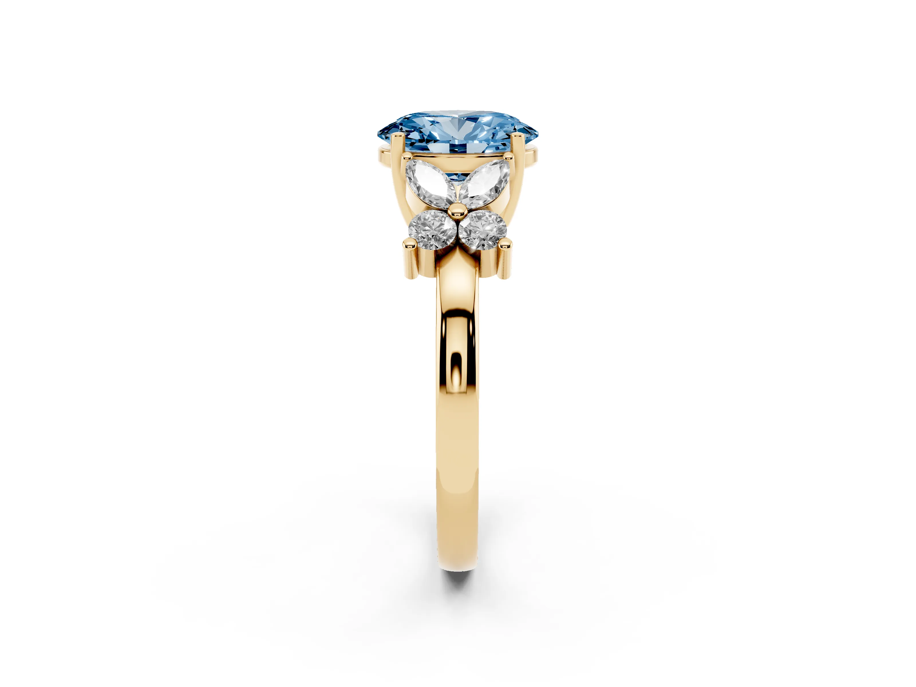 Fancy Blue Oval Cut Diamond Floral Cluster Ring Set in Yellow gold with Marquise Petals and Prong Setting