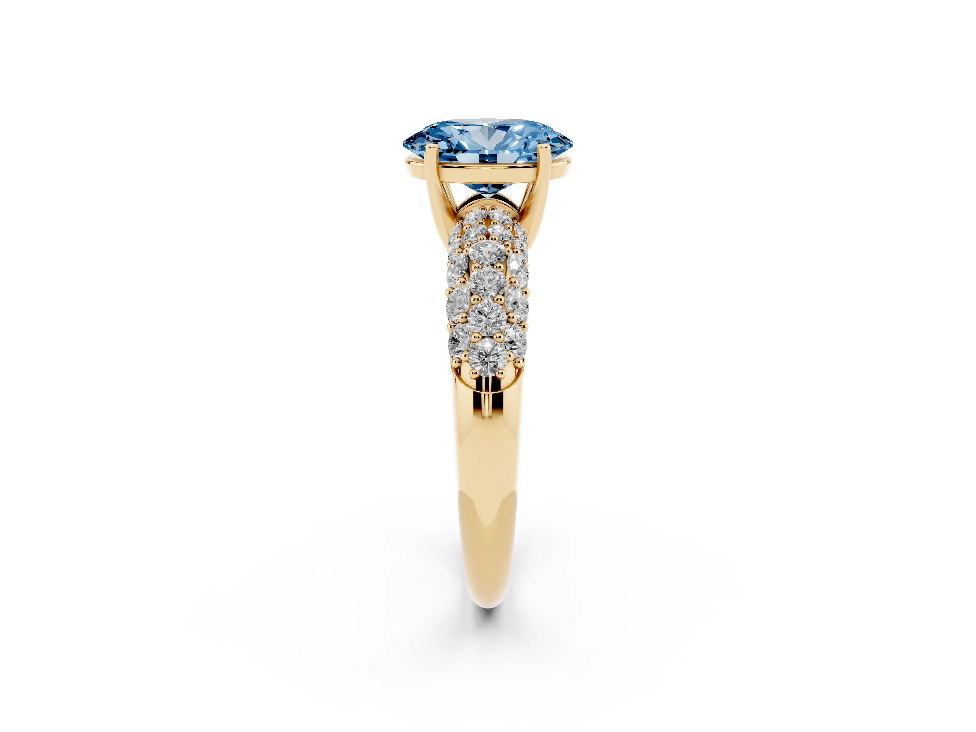 Fancy Blue Oval Cut Diamond Pavé Band Solitaire Ring Set in Yellow gold with Close-Set Accent Stones and Prong Setting