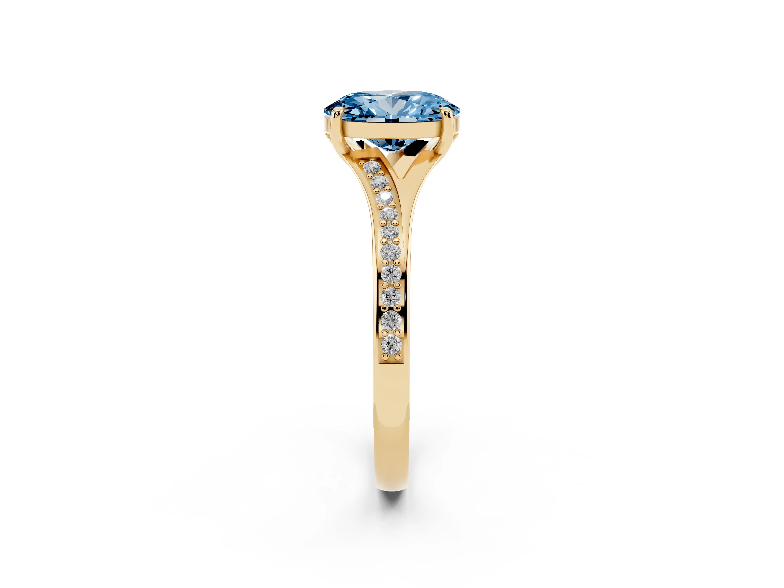 Fancy Blue Oval Cut Diamond Solitaire Ring Set in Yellow gold with Pavé Accent Band and Classic Prong Setting
